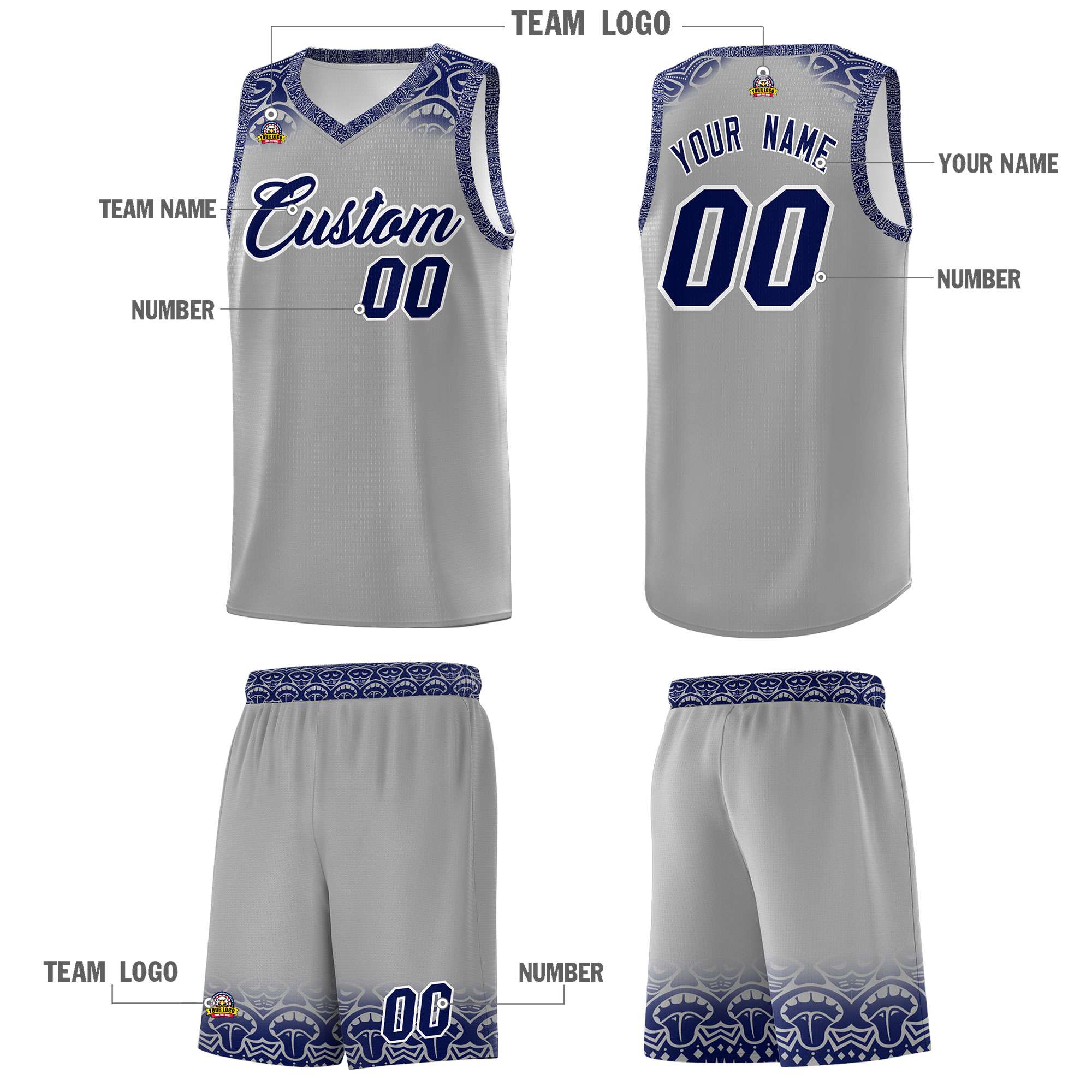 Custom Gray Royal Personalized Indians Print Sets Sports Uniform Basketball Jersey