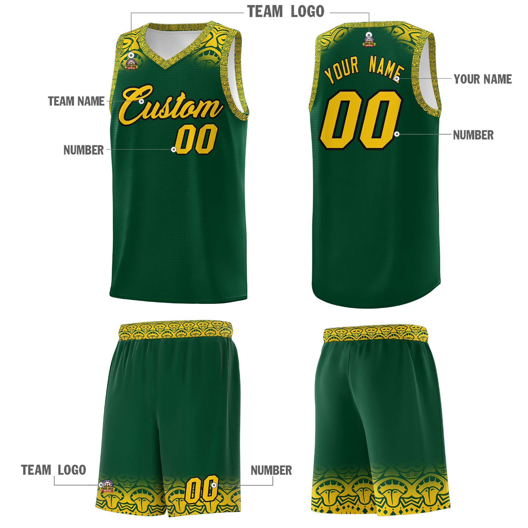 Custom Green Gold Personalized Indians Print Sets Sports Uniform Basketball Jersey