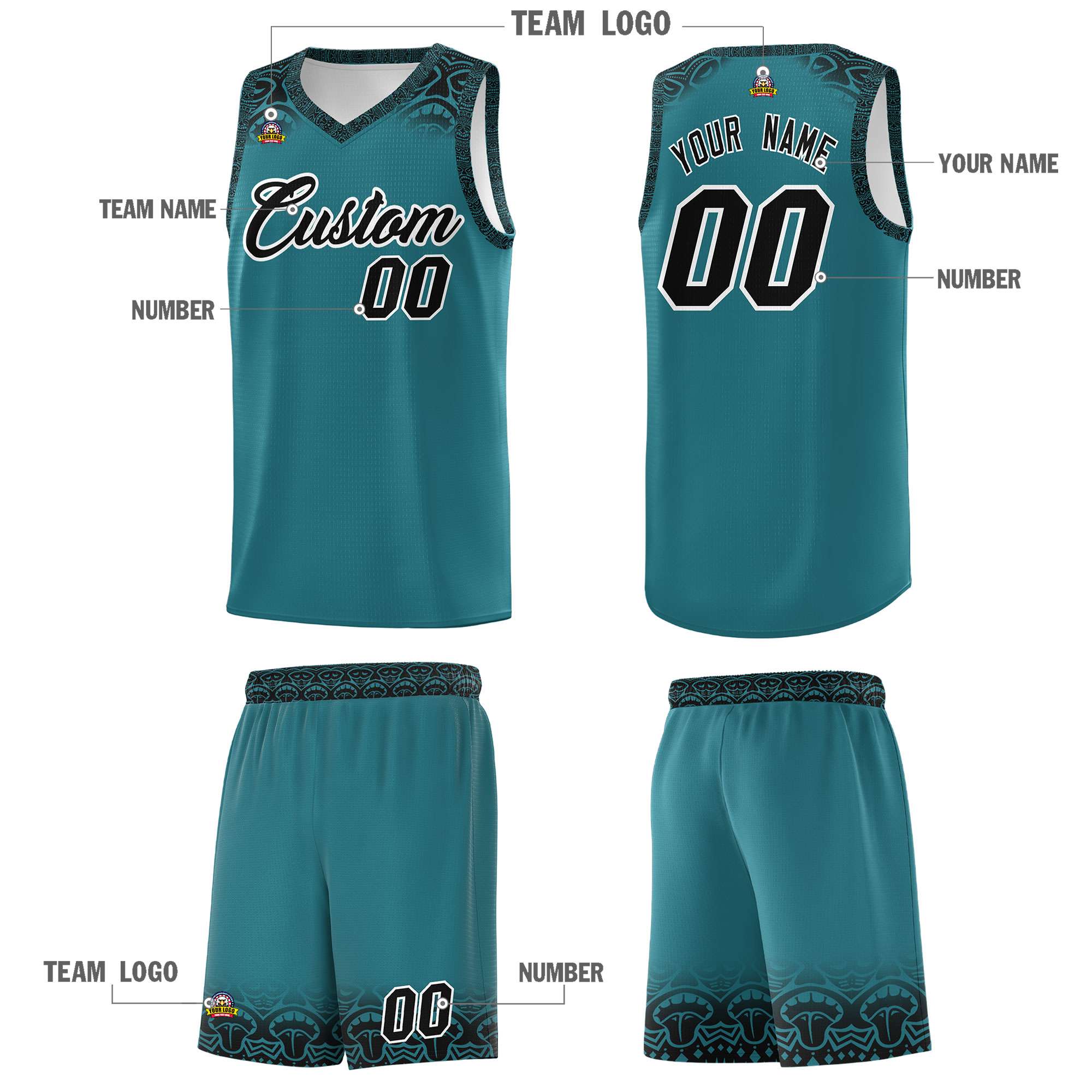 Custom Aqua Black Personalized Indians Print Sets Sports Uniform Basketball Jersey