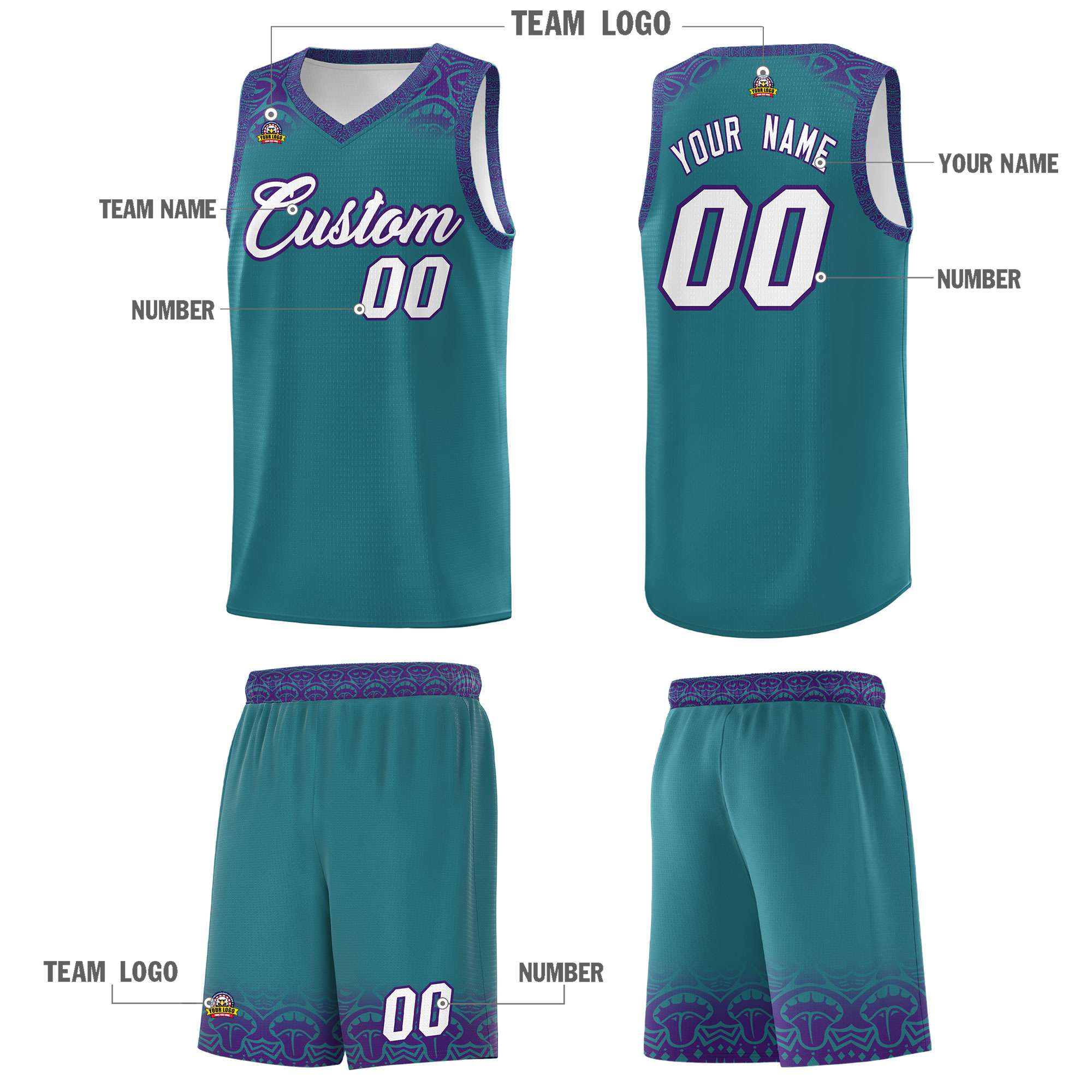 Custom Aqua Purple Personalized Indians Print Sets Sports Uniform Basketball Jersey