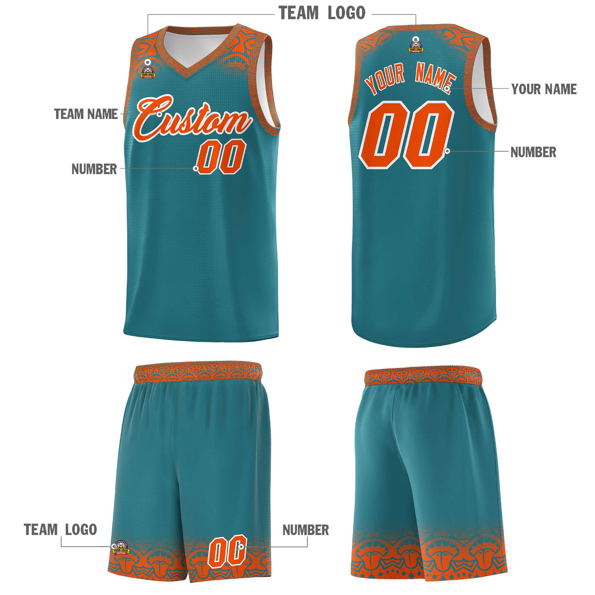 Custom Aqua Orange Personalized Indians Print Sets Sports Uniform Basketball Jersey