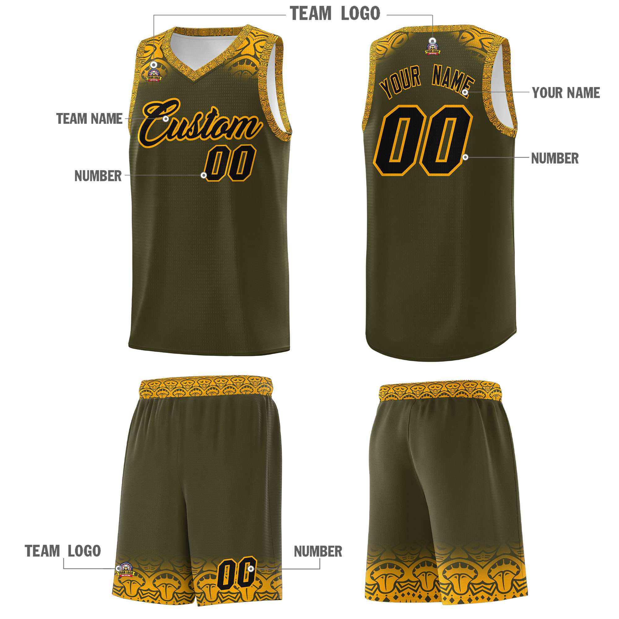 Custom Olive Yellow Personalized Indians Print Sets Sports Uniform Basketball Jersey