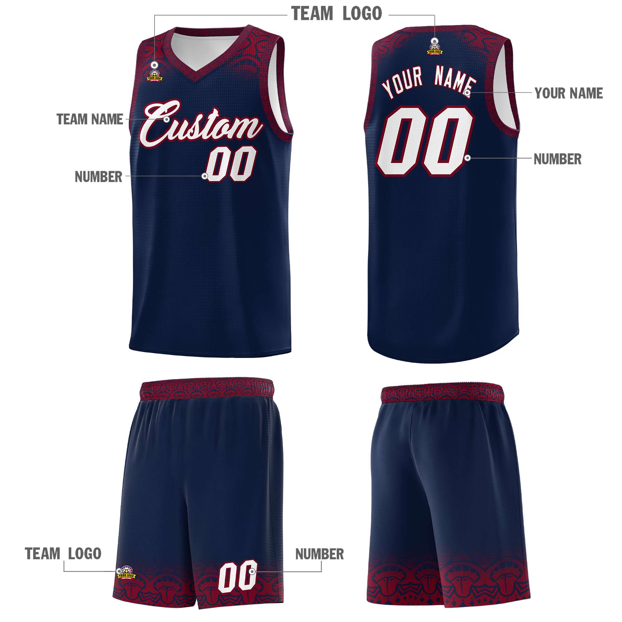 Custom Navy Crimson Personalized Indians Print Sets Sports Uniform Basketball Jersey