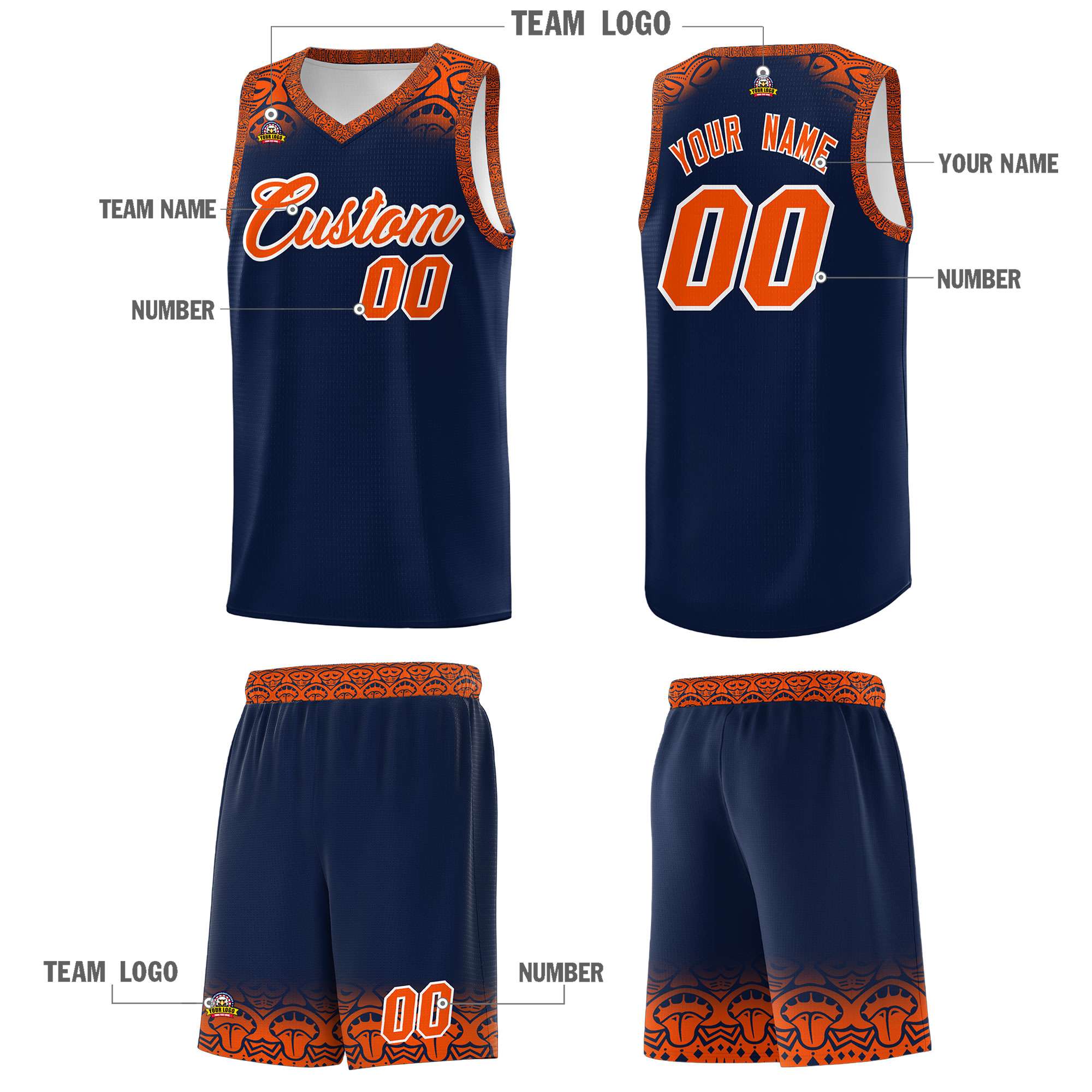 Custom Navy Orange Personalized Indians Print Sets Sports Uniform Basketball Jersey