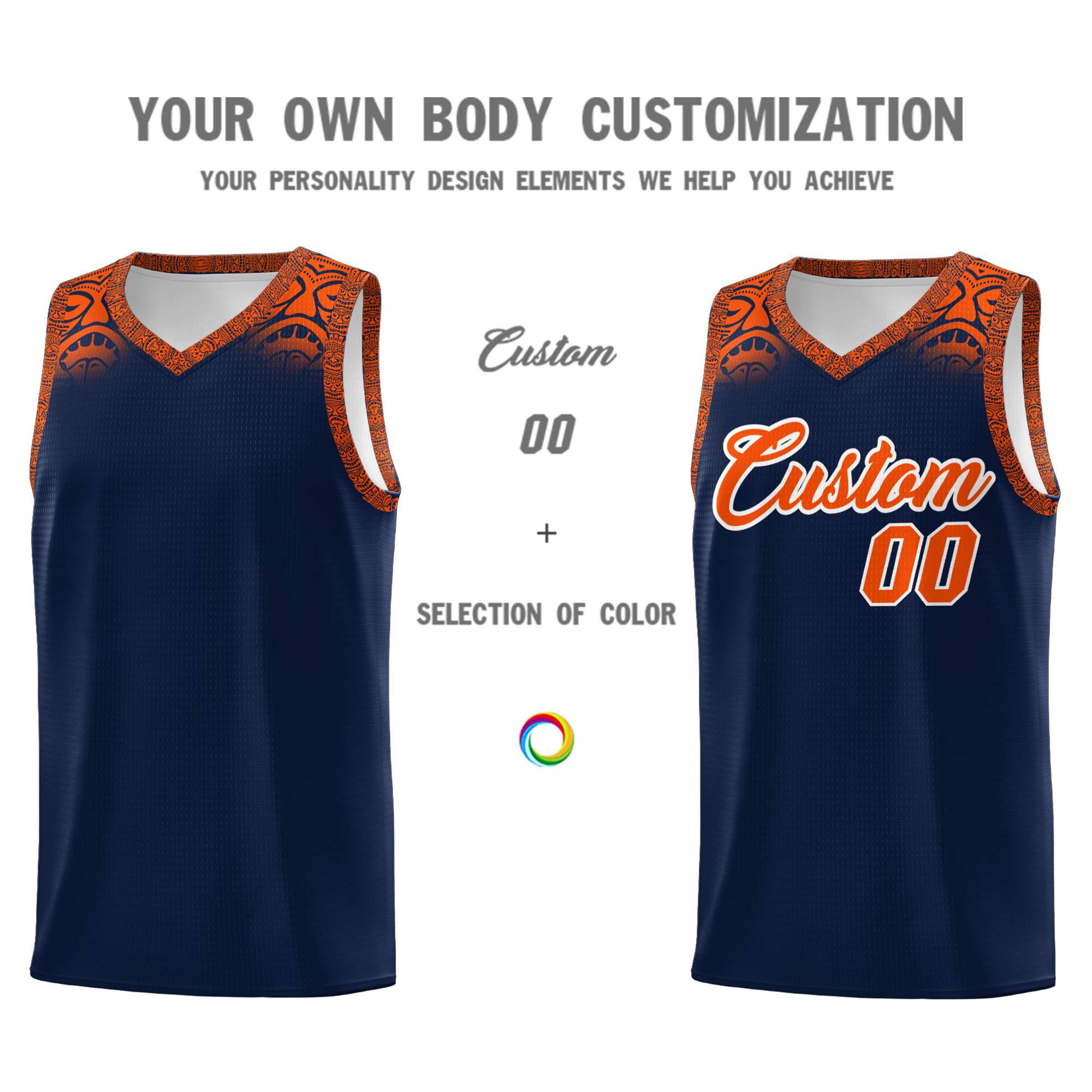 Custom Navy Orange Personalized Indians Print Sets Sports Uniform Basketball Jersey