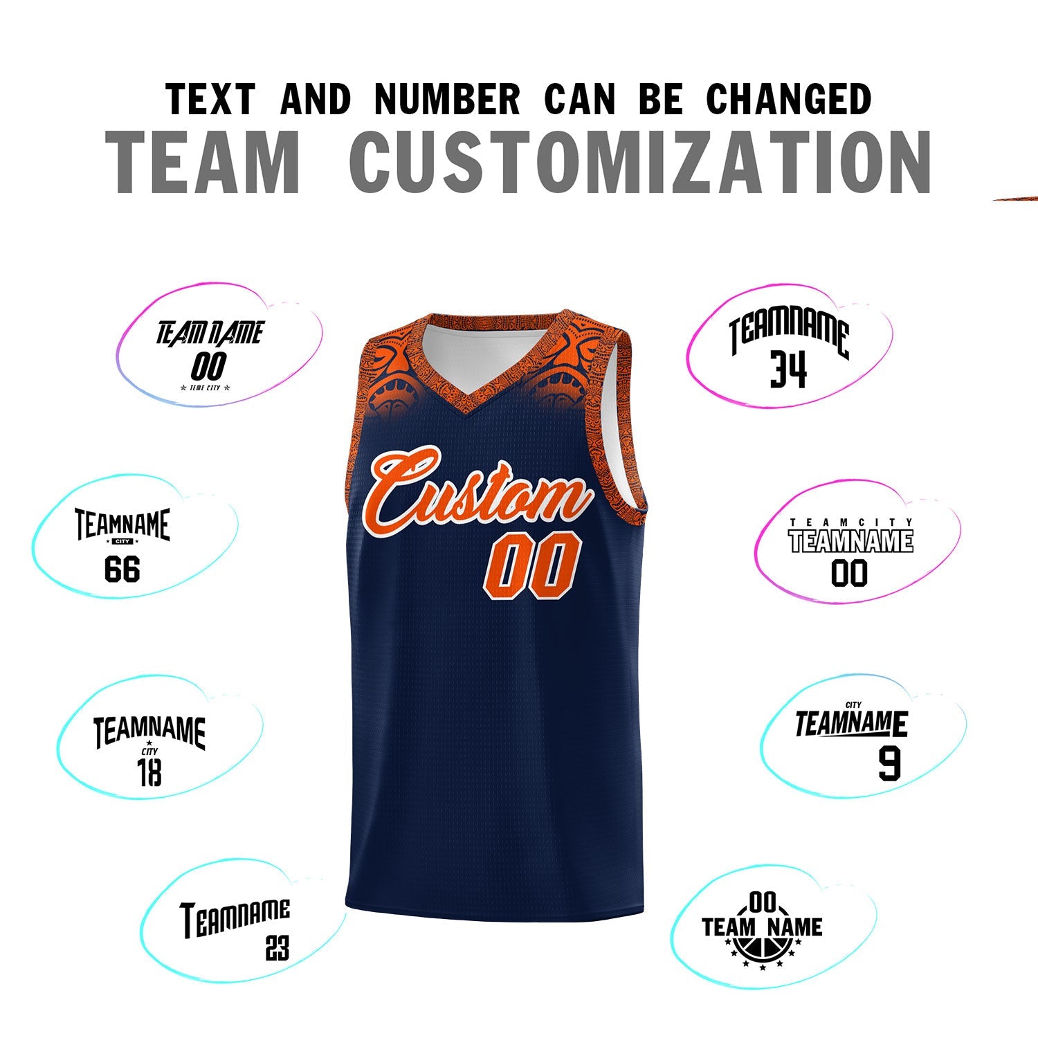 Custom Navy Orange Personalized Indians Print Sets Sports Uniform Basketball Jersey