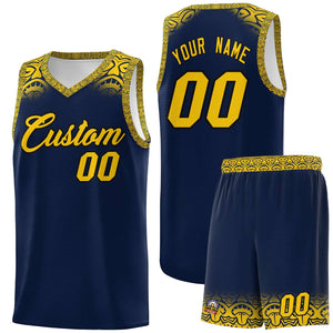 Custom Navy Gold Personalized Indians Print Sets Sports Uniform Basketball Jersey