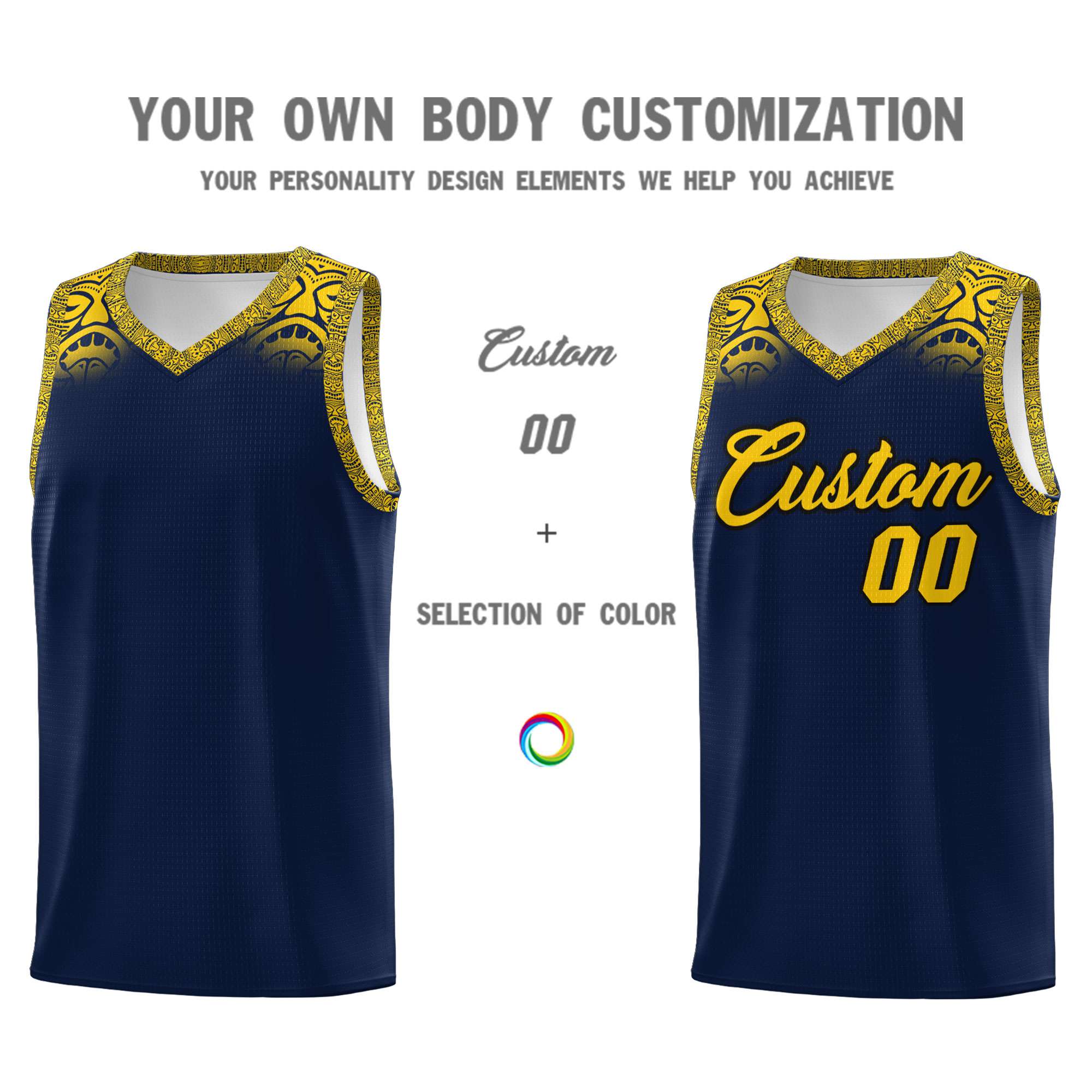 Custom Navy Gold Personalized Indians Print Sets Sports Uniform Basketball Jersey