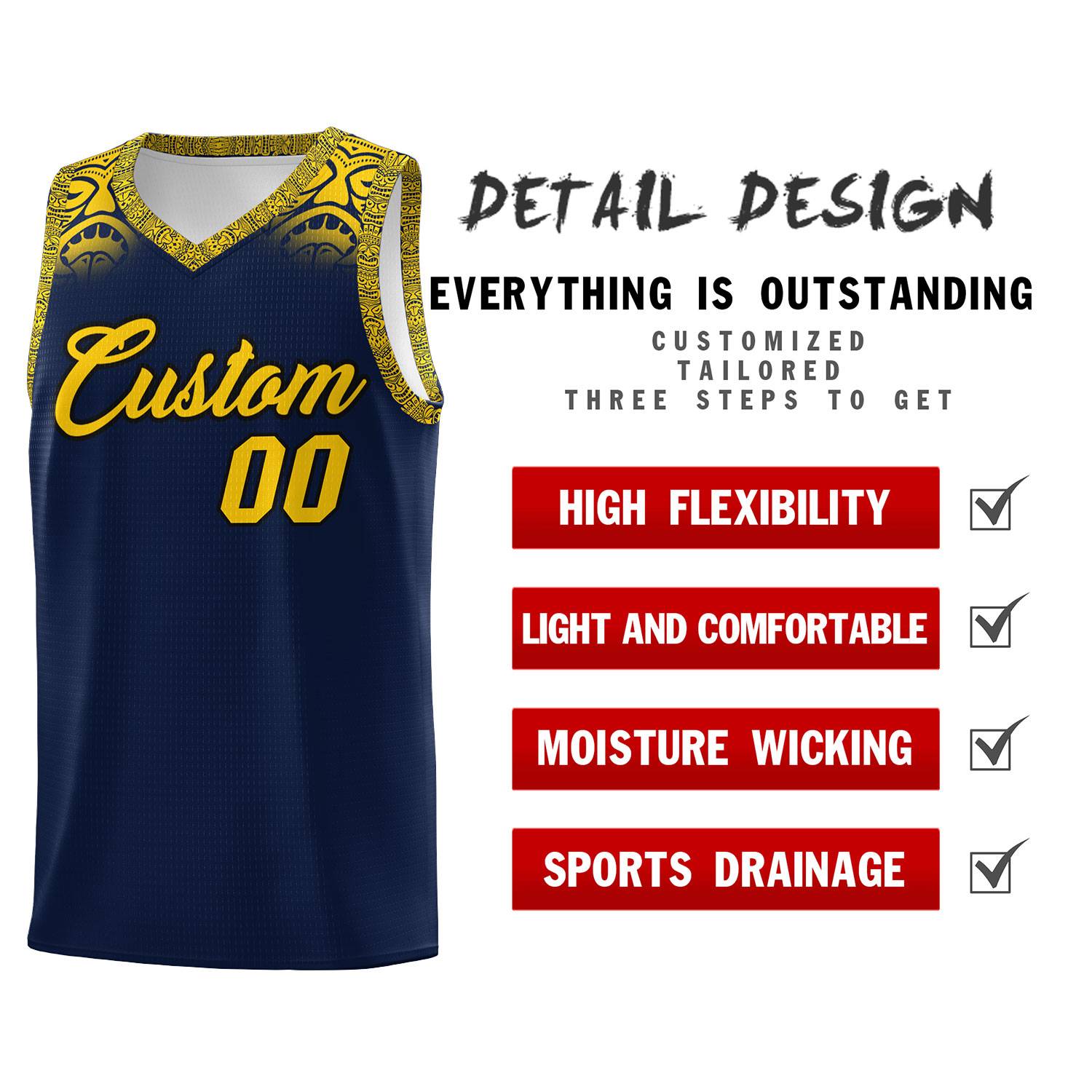 Custom Navy Gold Personalized Indians Print Sets Sports Uniform Basketball Jersey