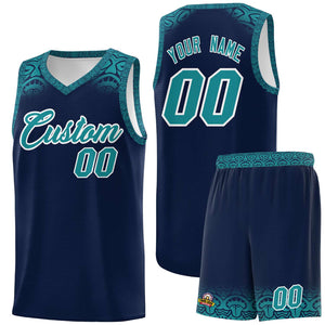 Custom Navy Aqua Personalized Indians Print Sets Sports Uniform Basketball Jersey