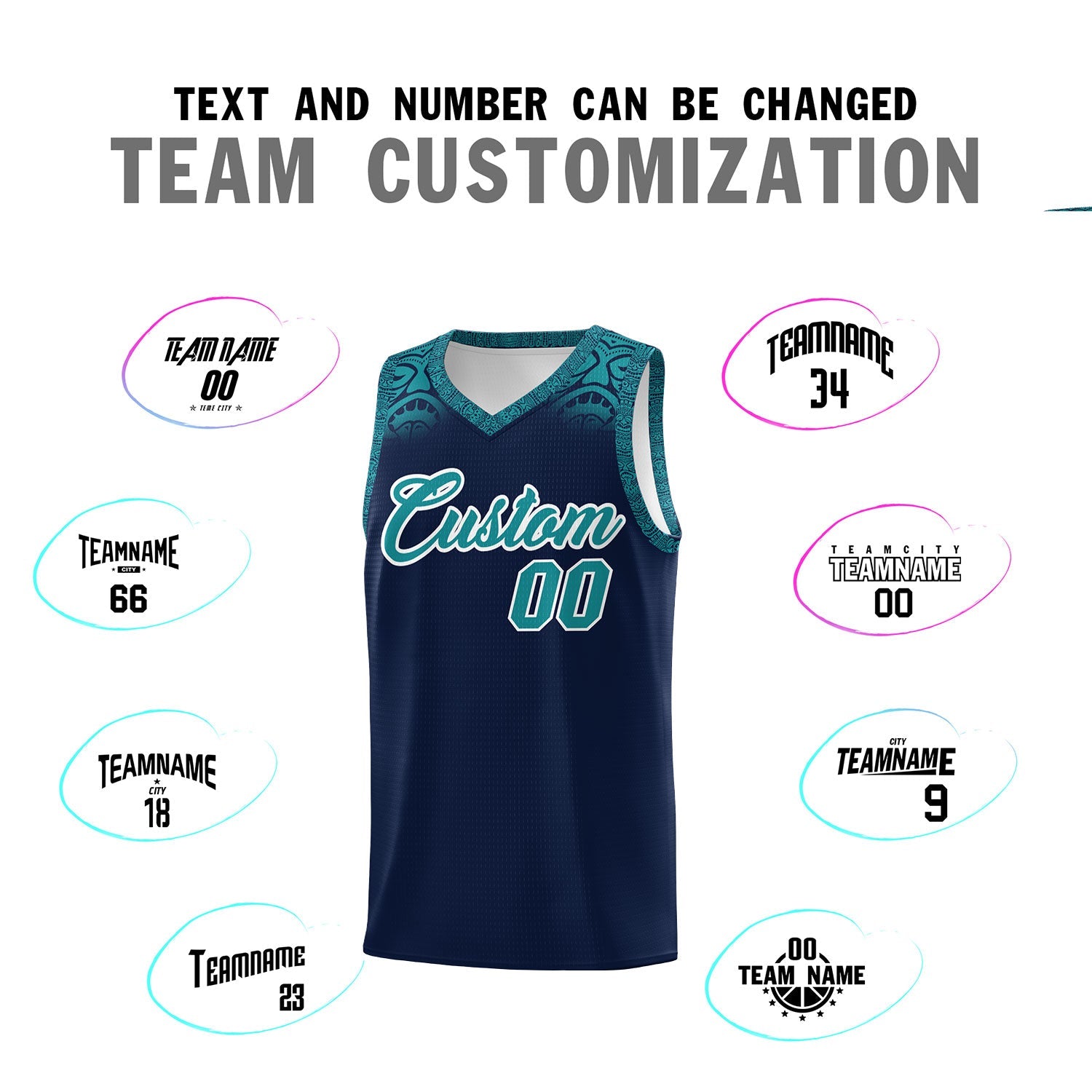 Custom Navy Aqua Personalized Indians Print Sets Sports Uniform Basketball Jersey