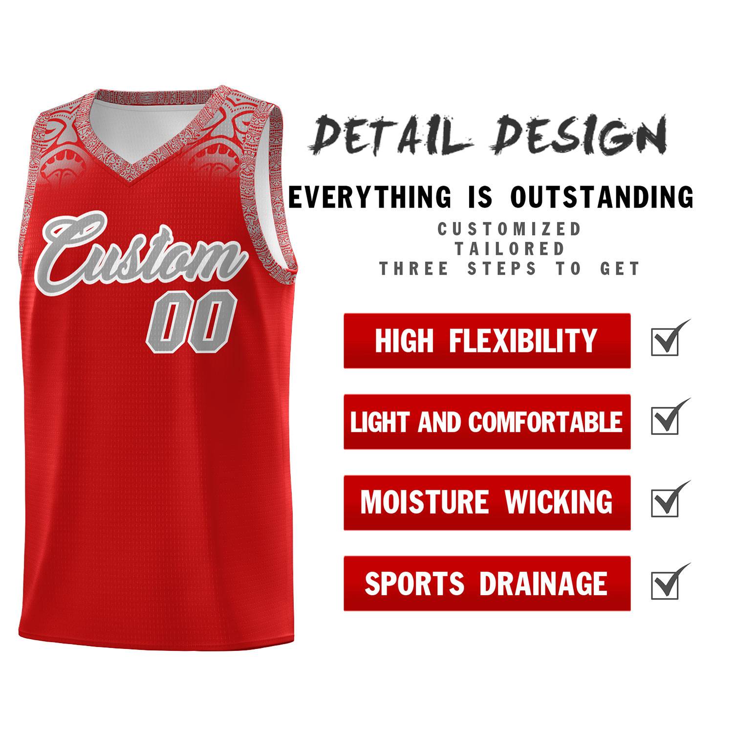 Custom Red Gray Personalized Indians Print Sets Sports Uniform Basketball Jersey