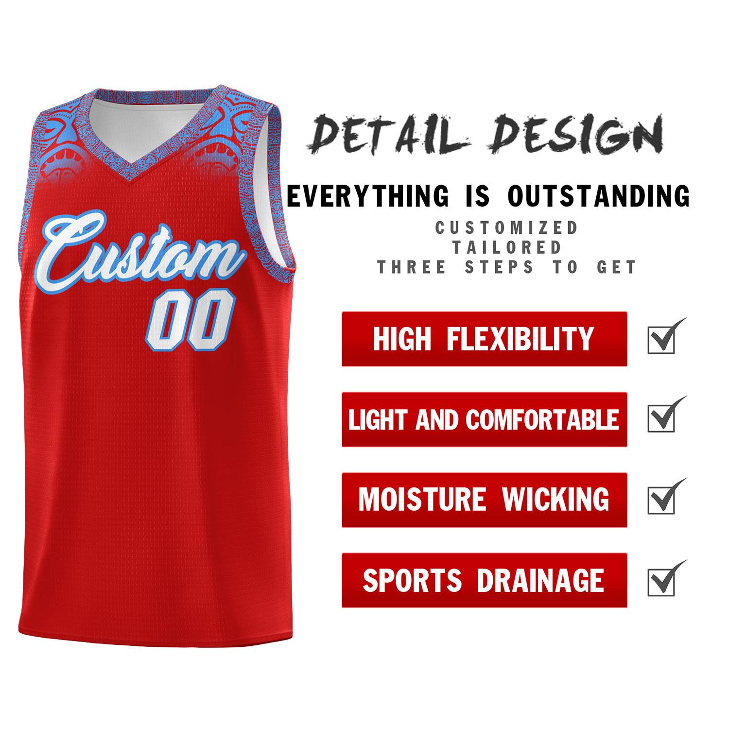 Custom Red Powder Blue Personalized Indians Print Sets Sports Uniform Basketball Jersey