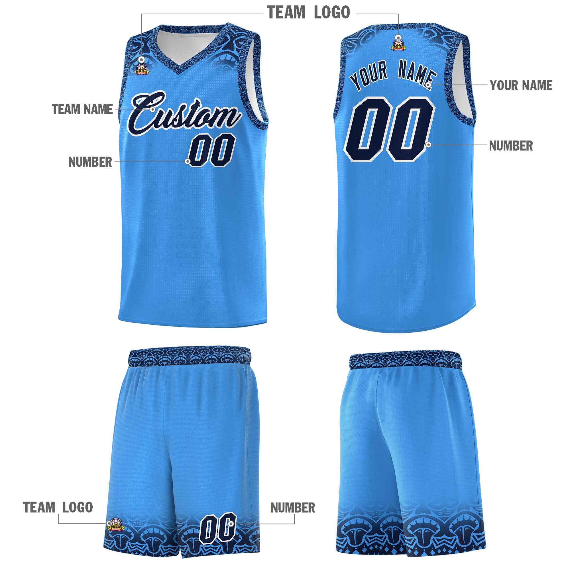 Custom Powder Blue Black Personalized Indians Print Sets Sports Uniform Basketball Jersey