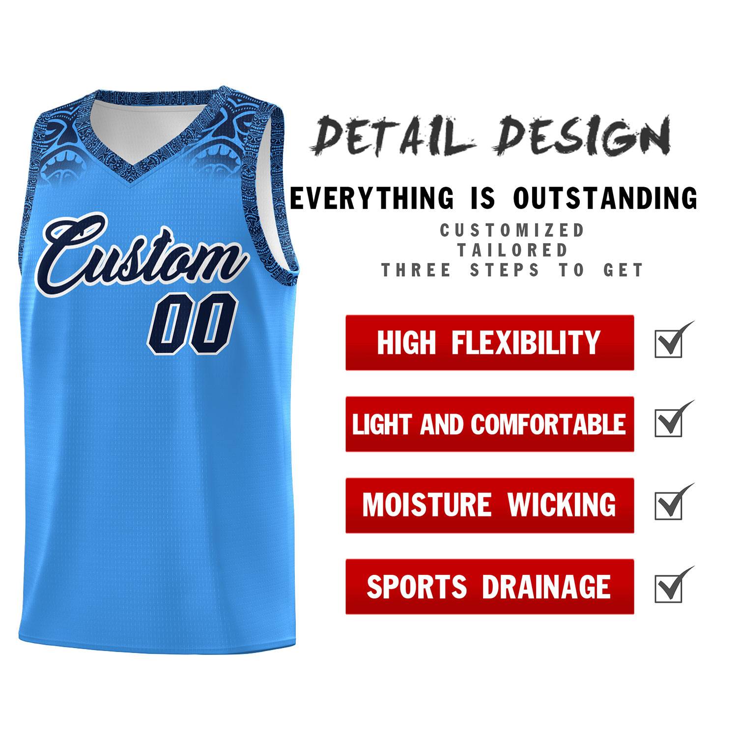 Custom Powder Blue Black Personalized Indians Print Sets Sports Uniform Basketball Jersey