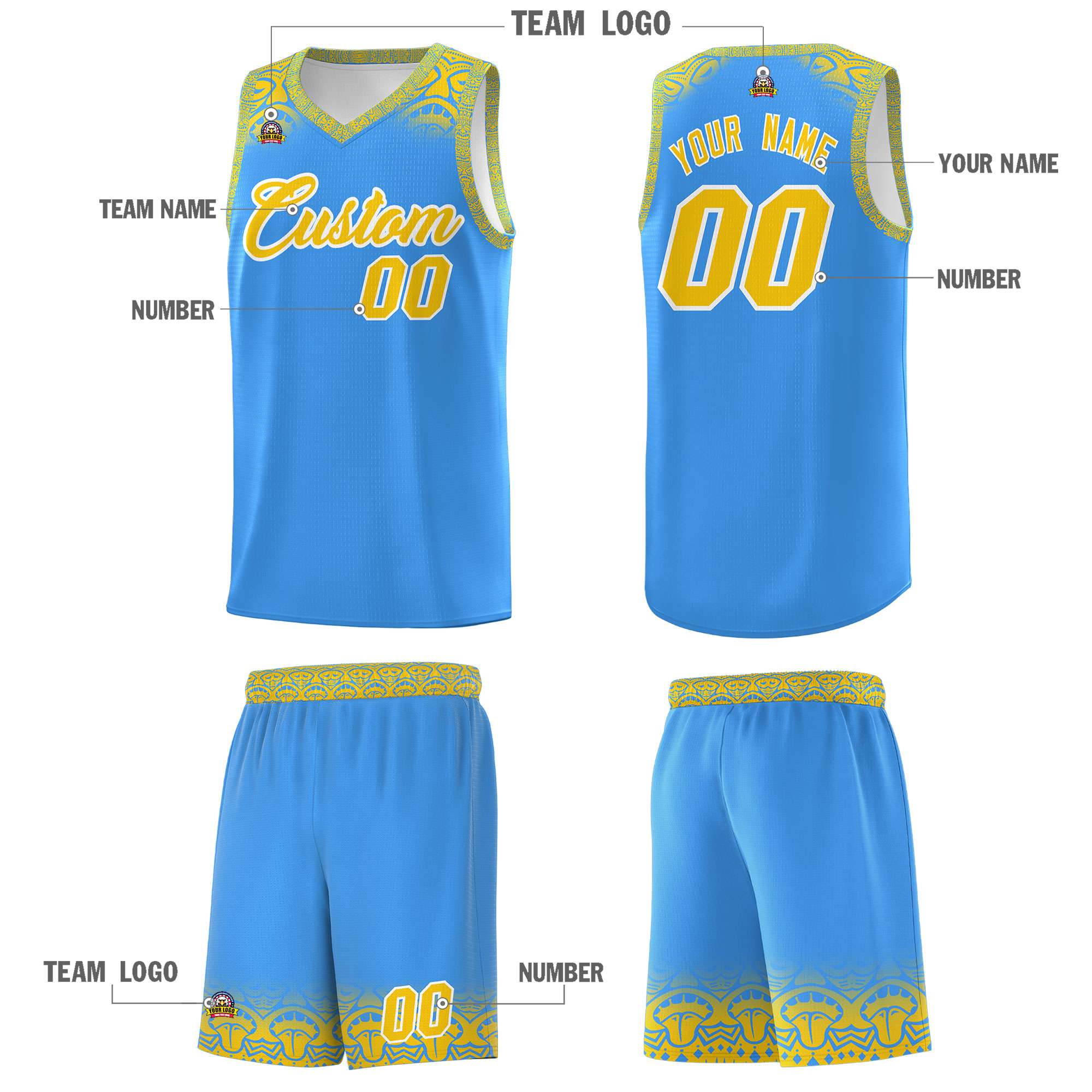 Custom Powder Blue Gold Personalized Indians Print Sets Sports Uniform Basketball Jersey