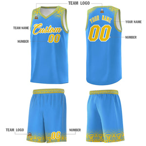 Custom Powder Blue Gold Personalized Indians Print Sets Sports Uniform Basketball Jersey