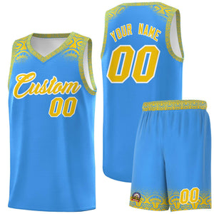 Custom Powder Blue Gold Personalized Indians Print Sets Sports Uniform Basketball Jersey