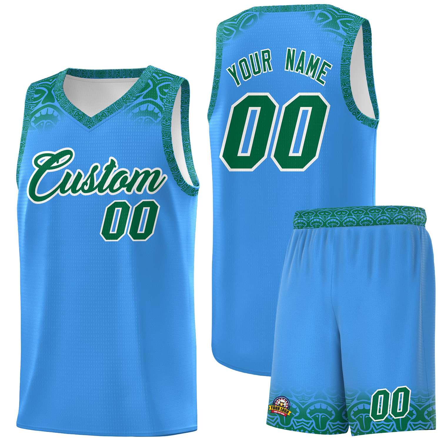 Custom Powder Blue Kelly Green Personalized Indians Print Sets Sports Uniform Basketball Jersey