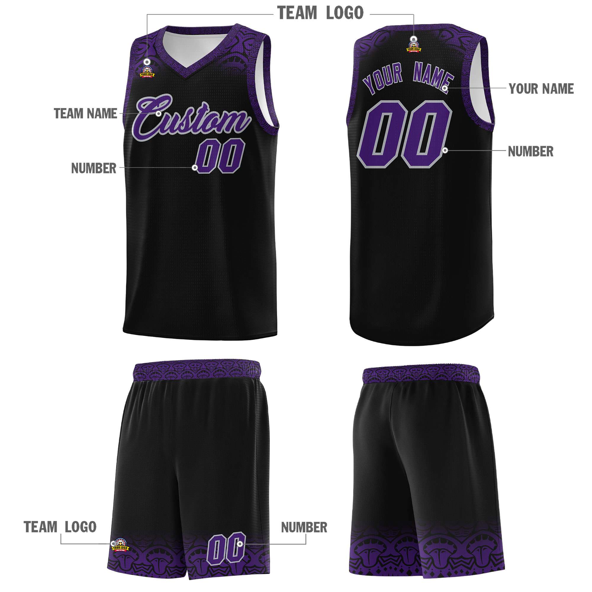 Custom Black Purple Personalized Indians Print Sets Sports Uniform Basketball Jersey