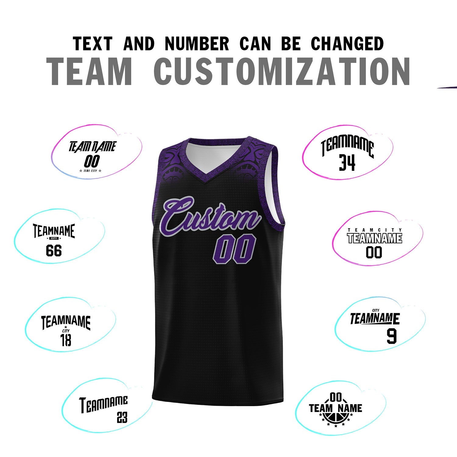 Custom Black Purple Personalized Indians Print Sets Sports Uniform Basketball Jersey