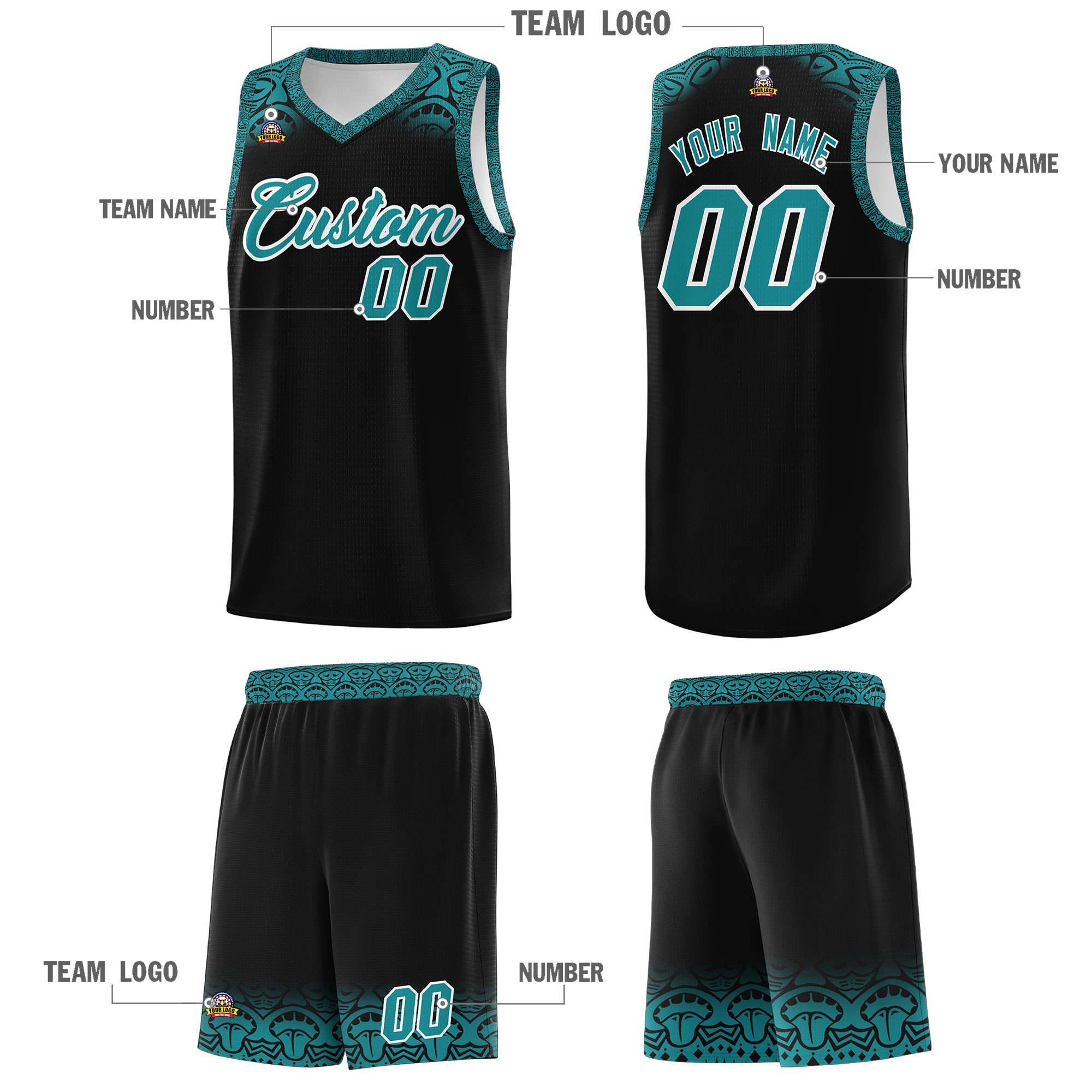 Custom Black Aqua Personalized Indians Print Sets Sports Uniform Basketball Jersey