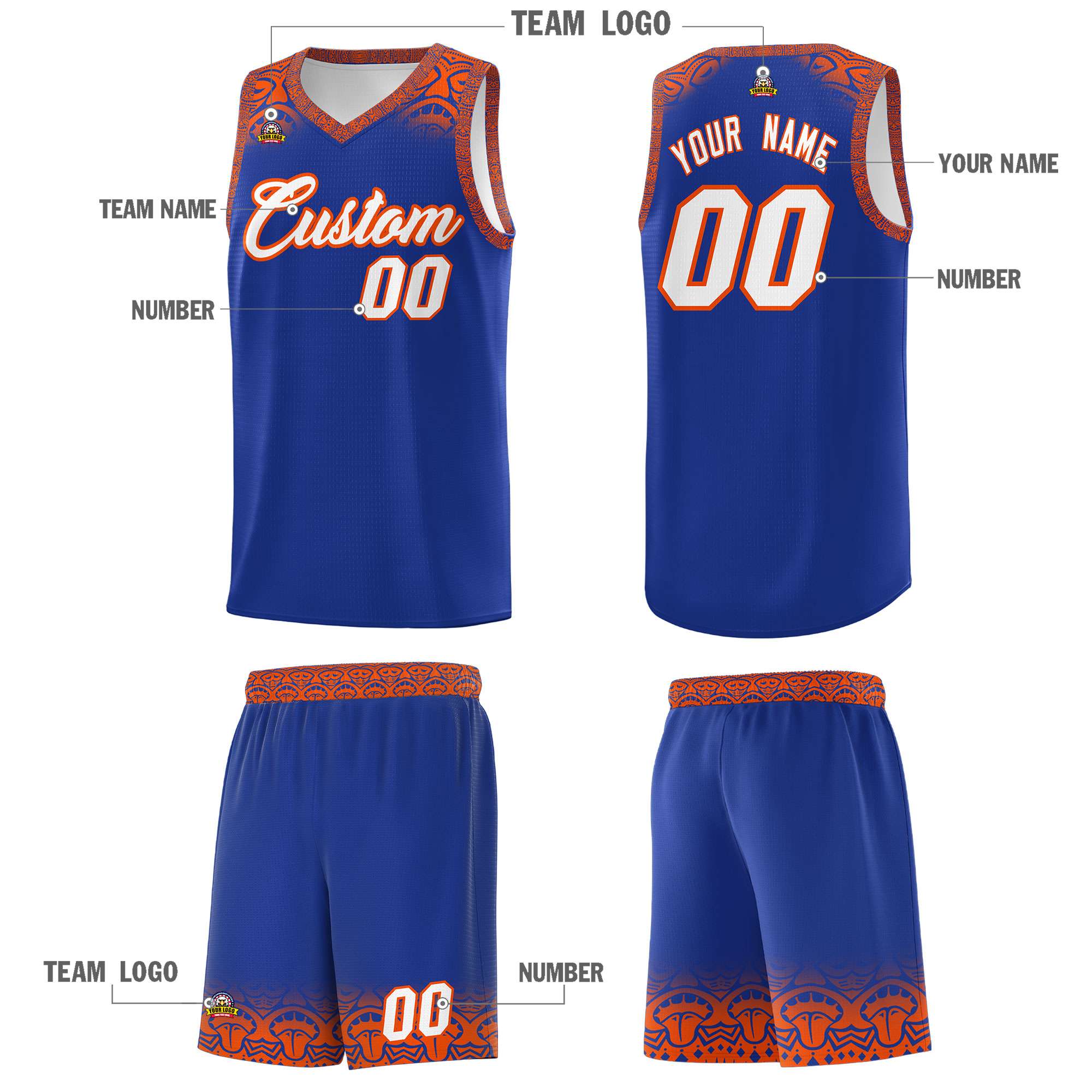 Custom Royal Orange Personalized Indians Print Sets Sports Uniform Basketball Jersey