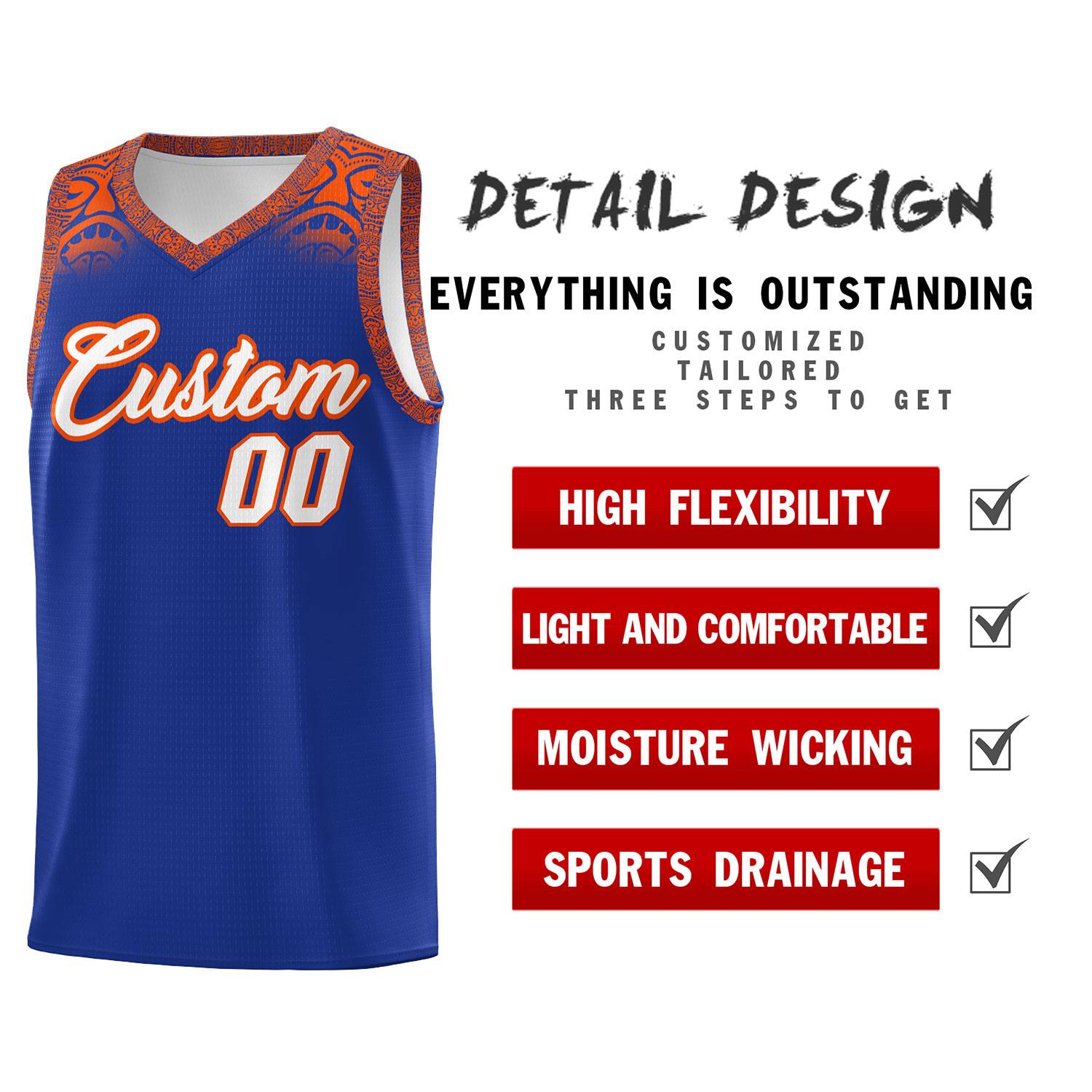 Custom Royal Orange Personalized Indians Print Sets Sports Uniform Basketball Jersey