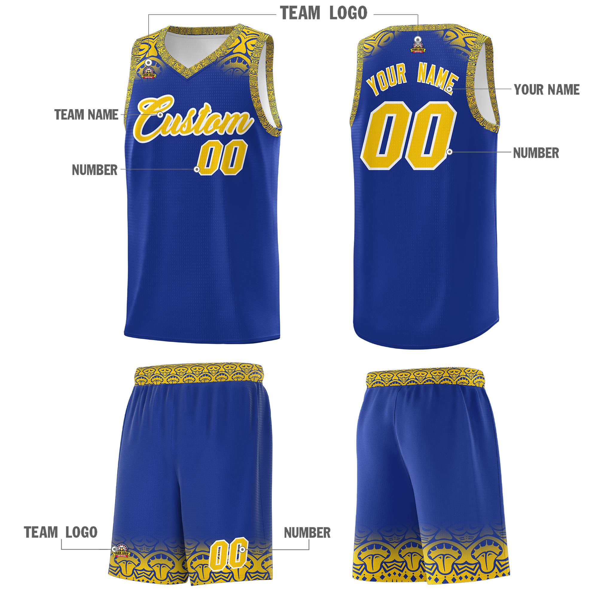 Custom Royal Gold Personalized Indians Print Sets Sports Uniform Basketball Jersey