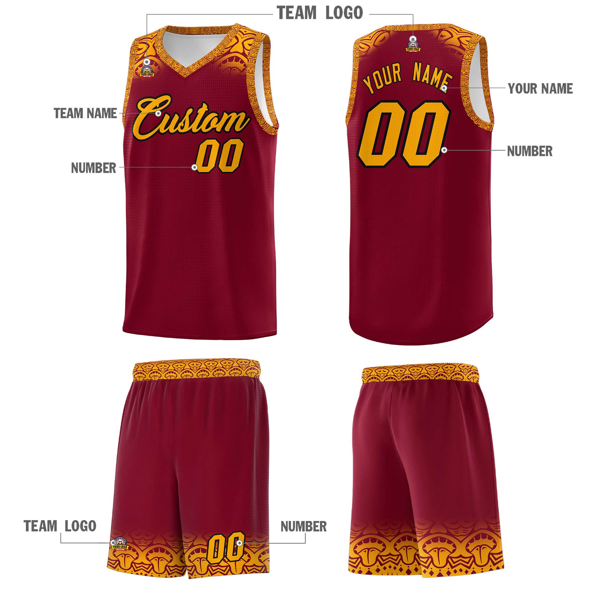 Custom Crimson Yellow Personalized Indians Print Sets Sports Uniform Basketball Jersey