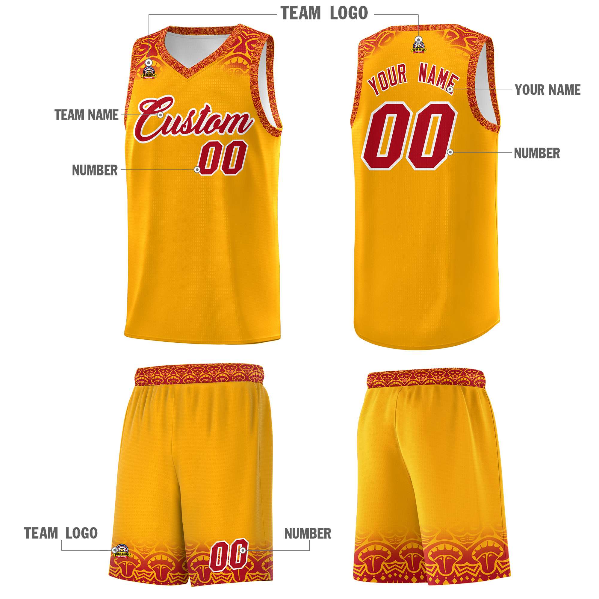 Custom Yellow Red Personalized Indians Print Sets Sports Uniform Basketball Jersey