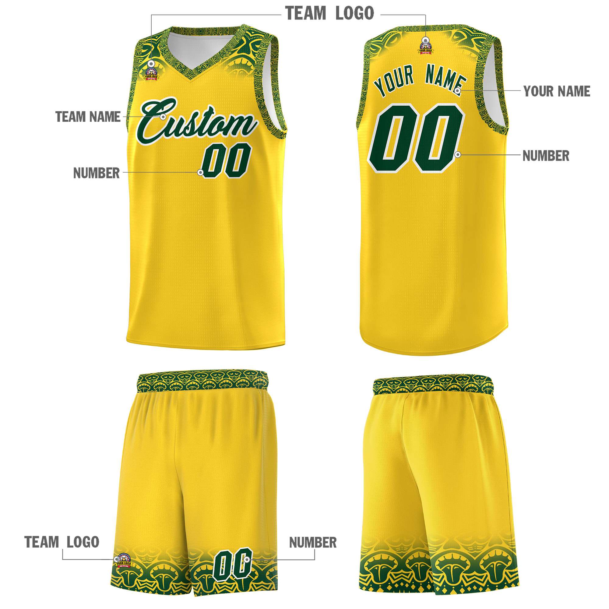 Custom Gold Green Personalized Indians Print Sets Sports Uniform Basketball Jersey