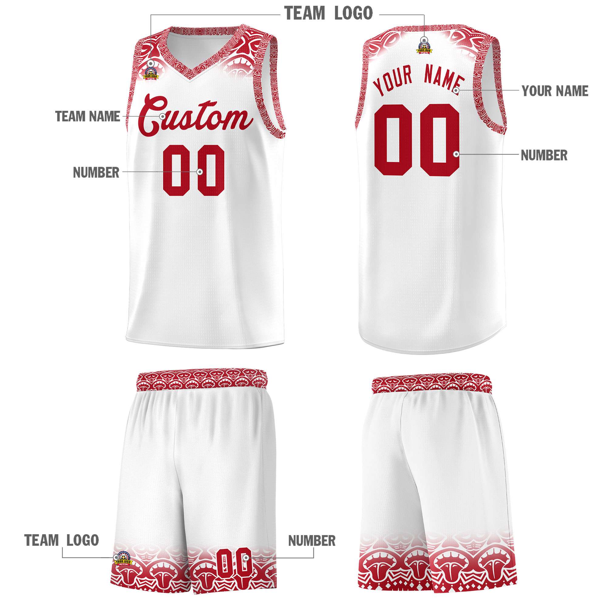 Custom White Red Personalized Indians Print Sets Sports Uniform Basketball Jersey