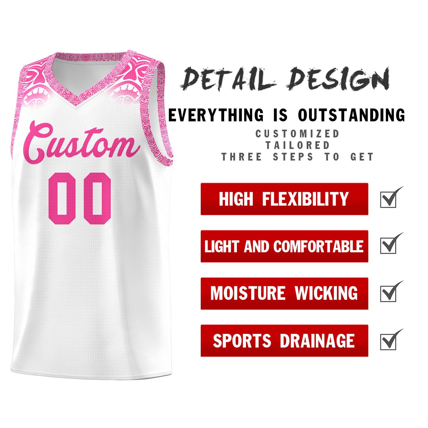 Custom White Pink Personalized Indians Print Sets Sports Uniform Basketball Jersey