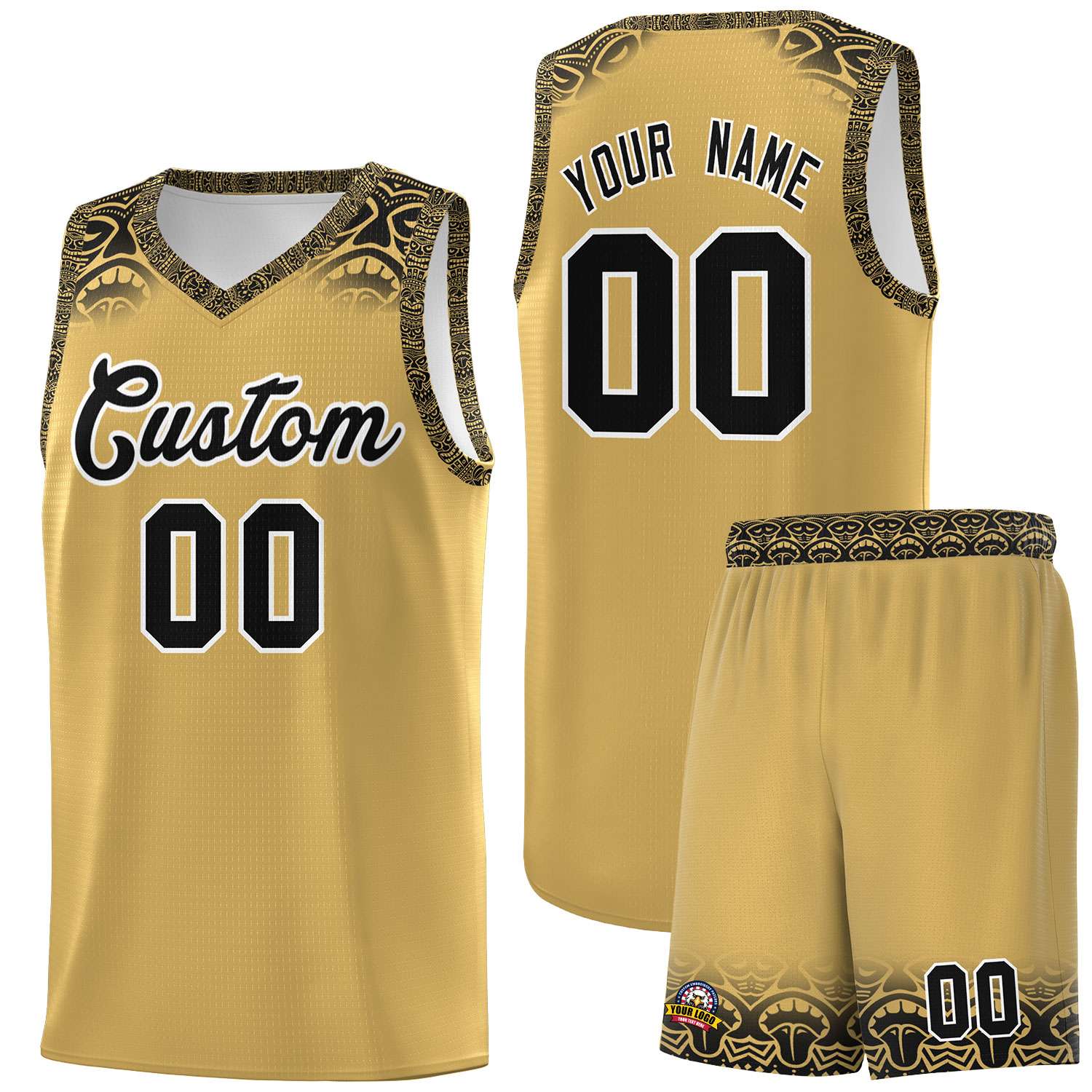 Custom Old Gold Black Personalized Indians Print Sets Sports Uniform Basketball Jersey