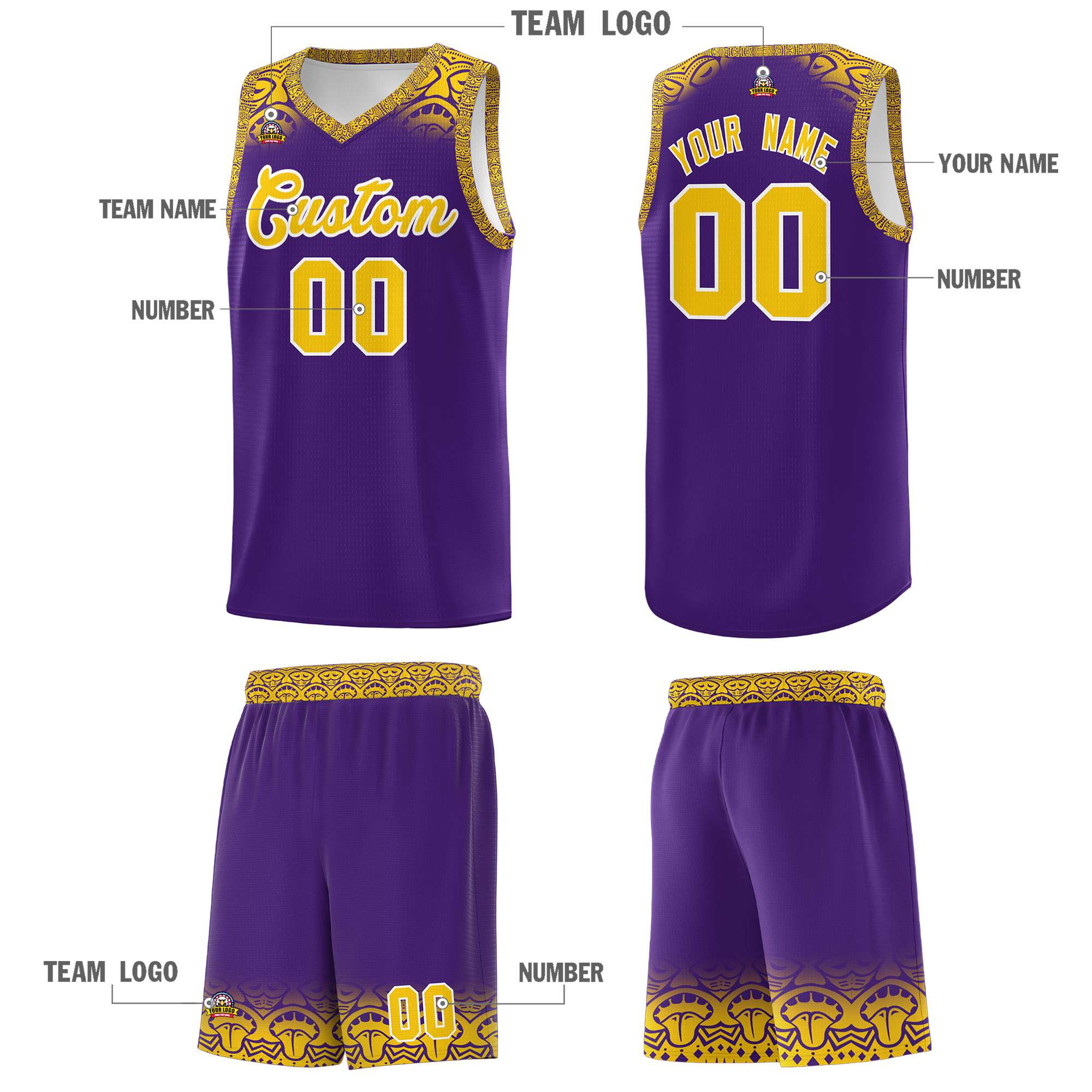 Custom Purple Gold Personalized Indians Print Sets Sports Uniform Basketball Jersey