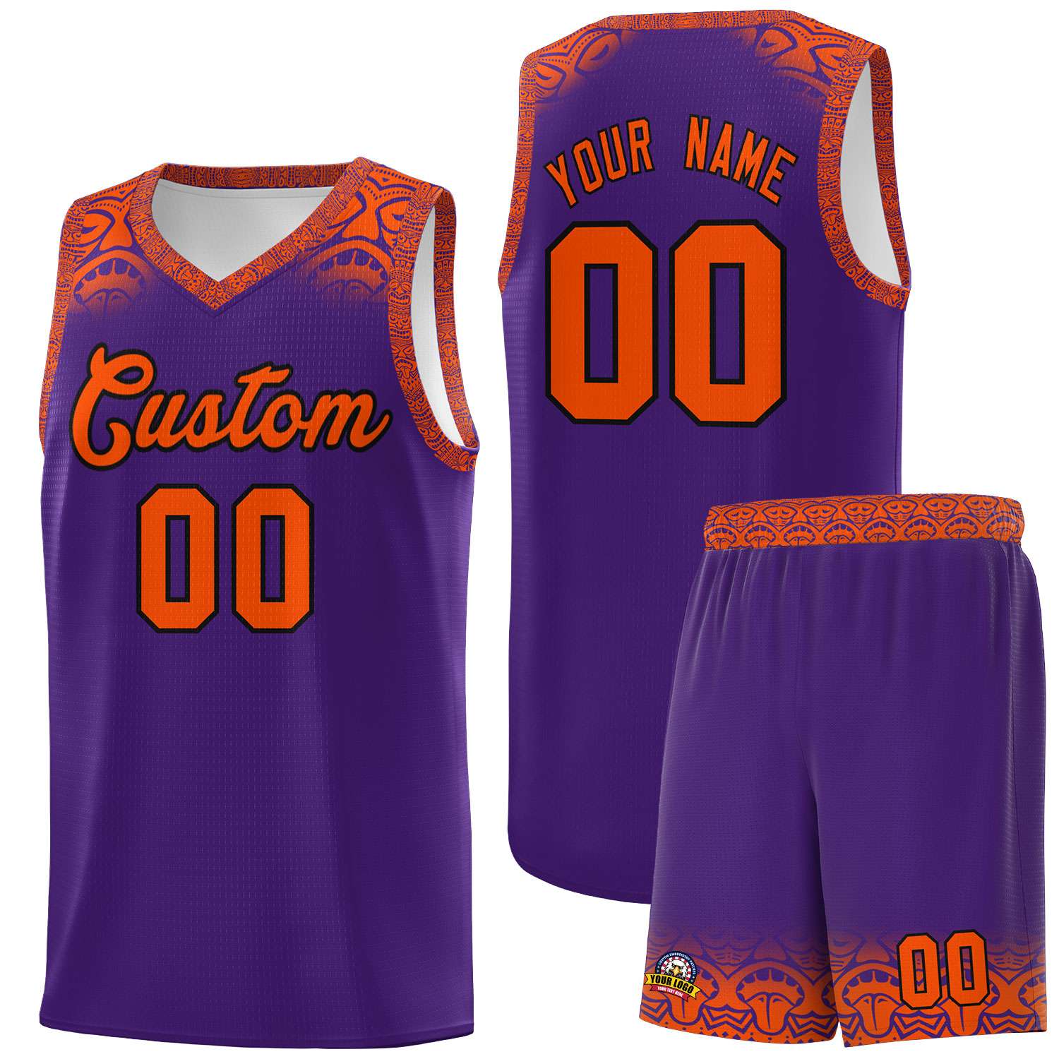 Custom Purple Orange Personalized Indians Print Sets Sports Uniform Basketball Jersey