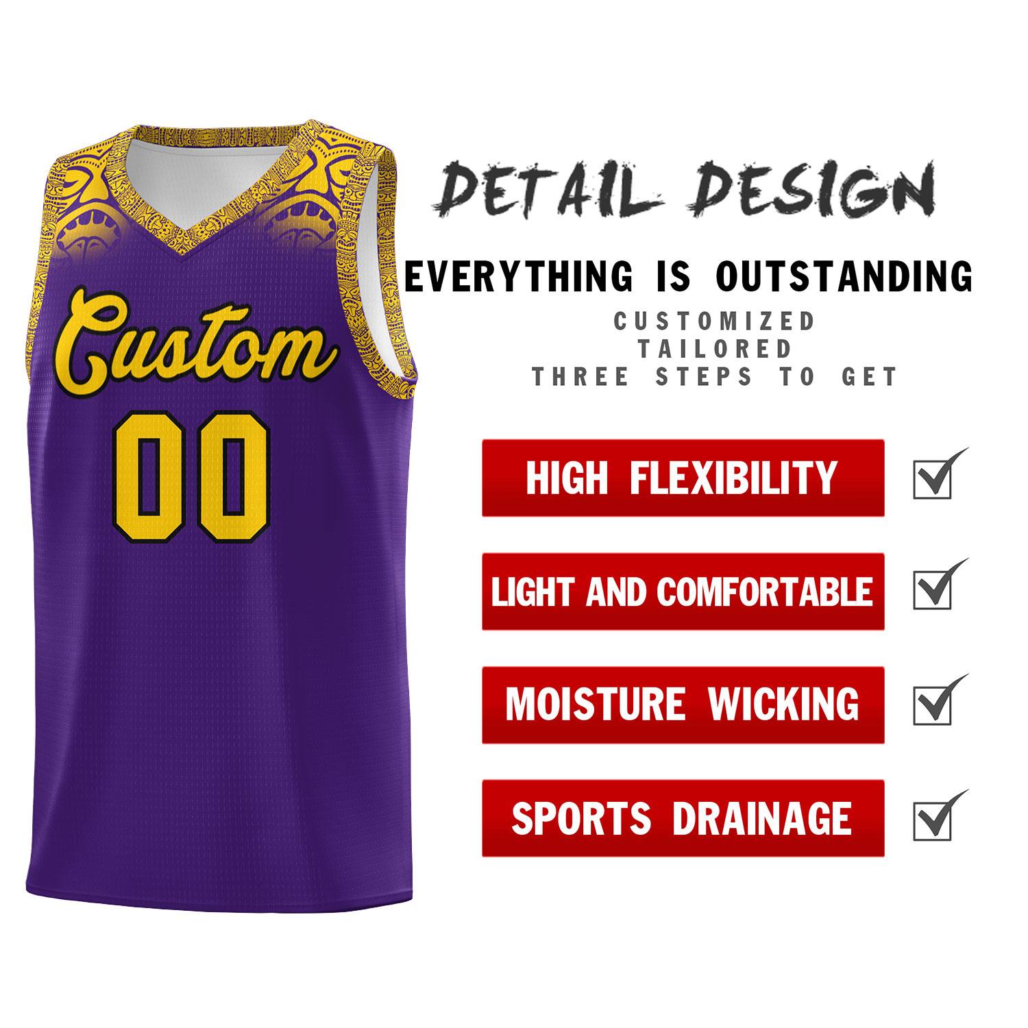 Custom Purple Gold Personalized Indians Print Sets Sports Uniform Basketball Jersey