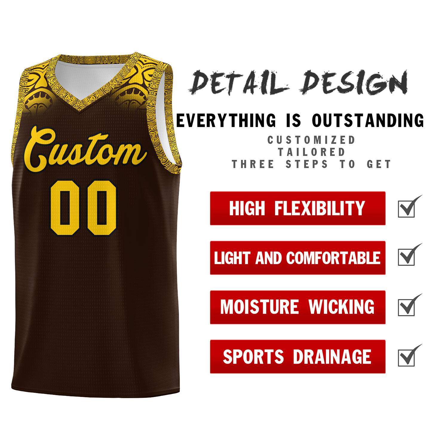 Custom Brown Gold Personalized Indians Print Sets Sports Uniform Basketball Jersey