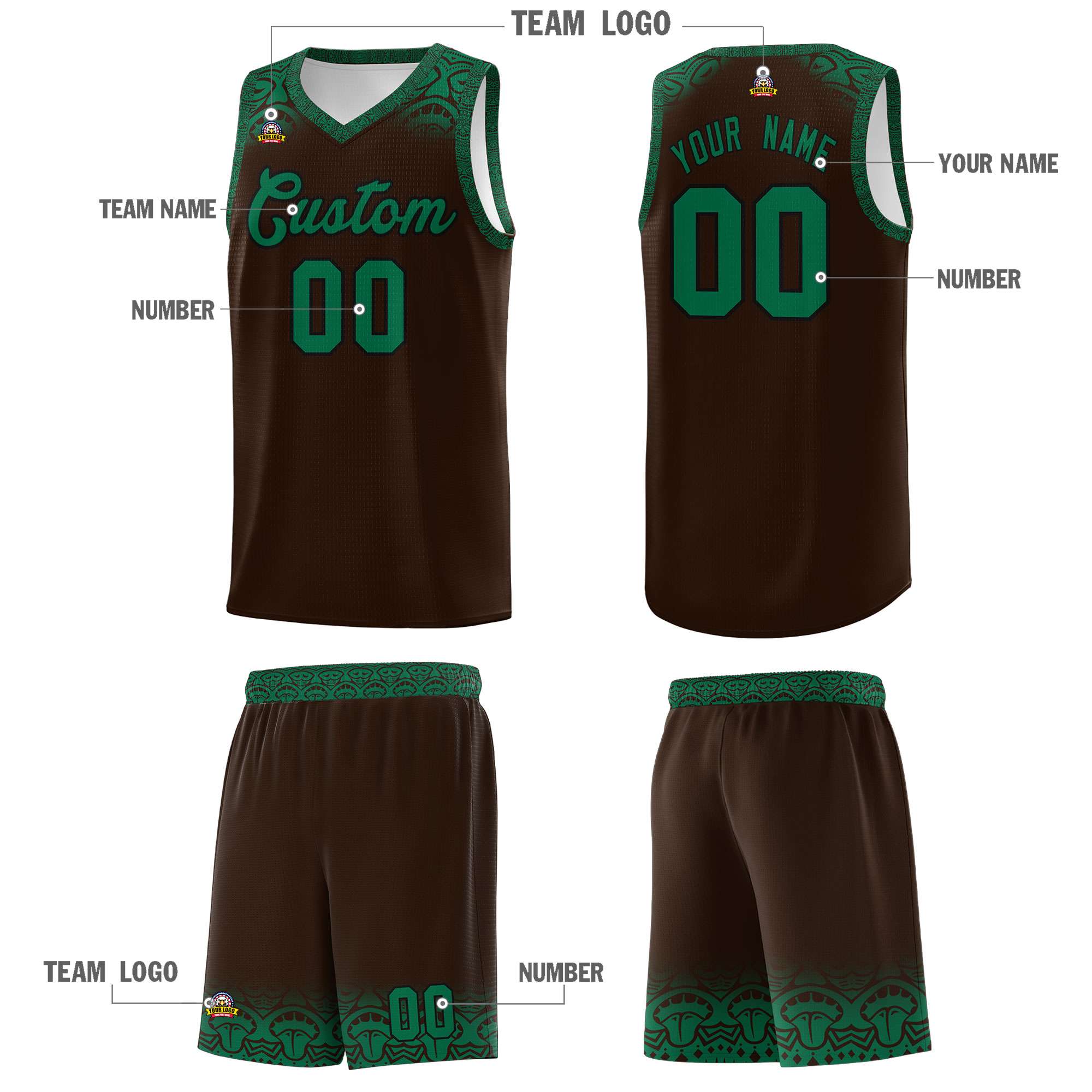 Custom Brown Kelly Green Personalized Indians Print Sets Sports Uniform Basketball Jersey