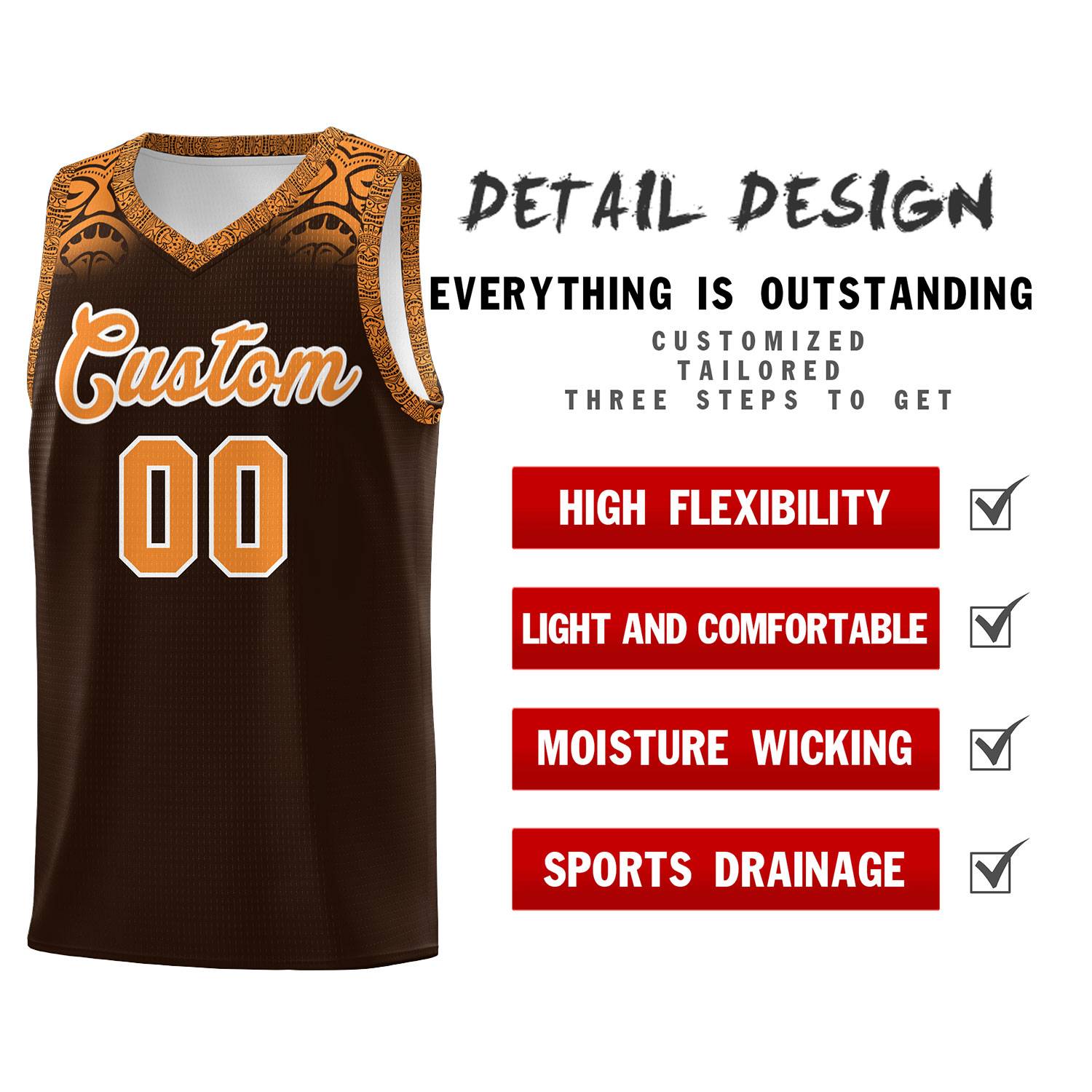 Custom Brown Orange Personalized Indians Print Sets Sports Uniform Basketball Jersey