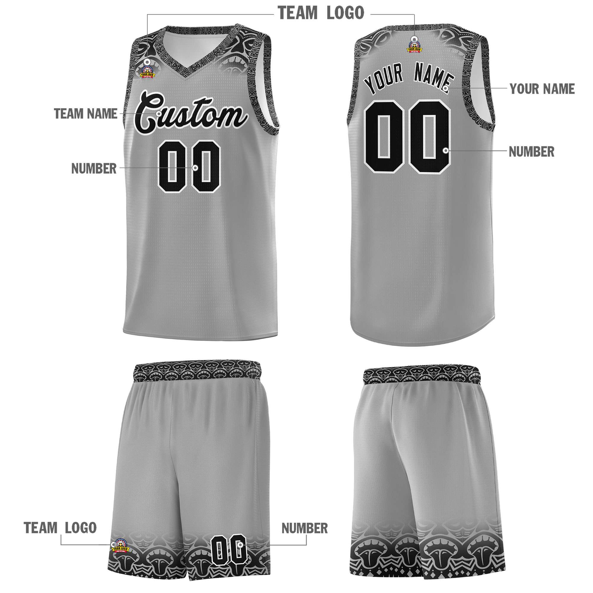 Custom Gray Black Personalized Indians Print Sets Sports Uniform Basketball Jersey