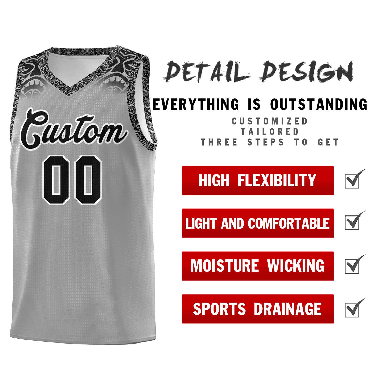 Custom Gray Black Personalized Indians Print Sets Sports Uniform Basketball Jersey