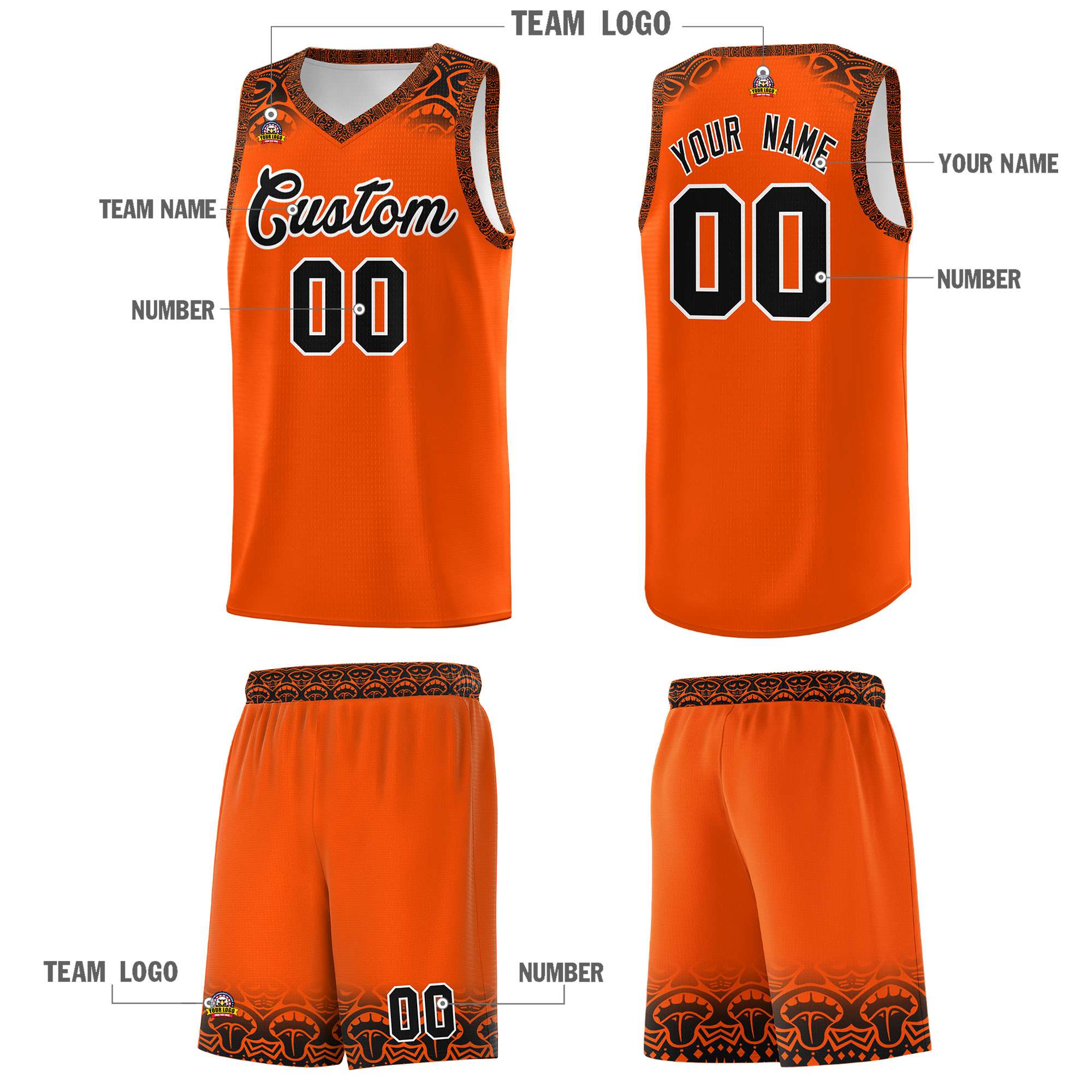 Custom Orange Black Personalized Indians Print Sets Sports Uniform Basketball Jersey