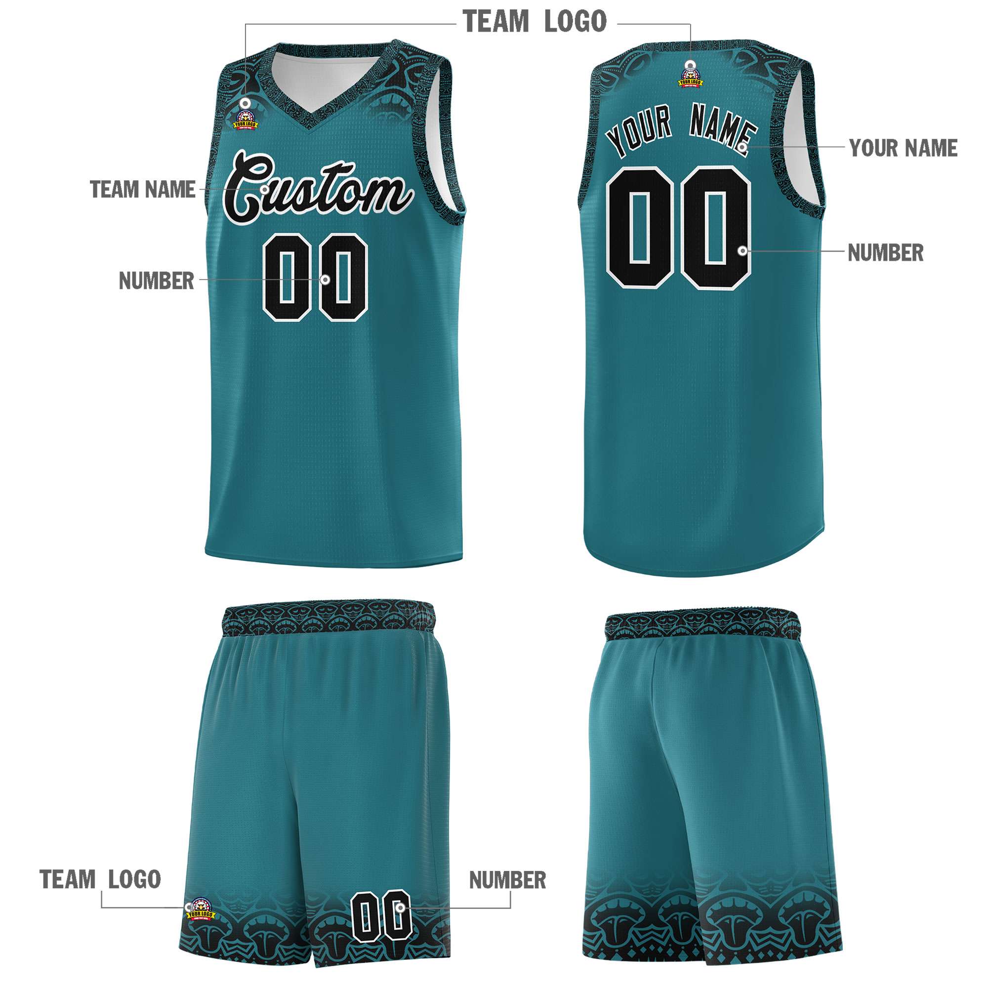 Custom Aqua Black Personalized Indians Print Sets Sports Uniform Basketball Jersey