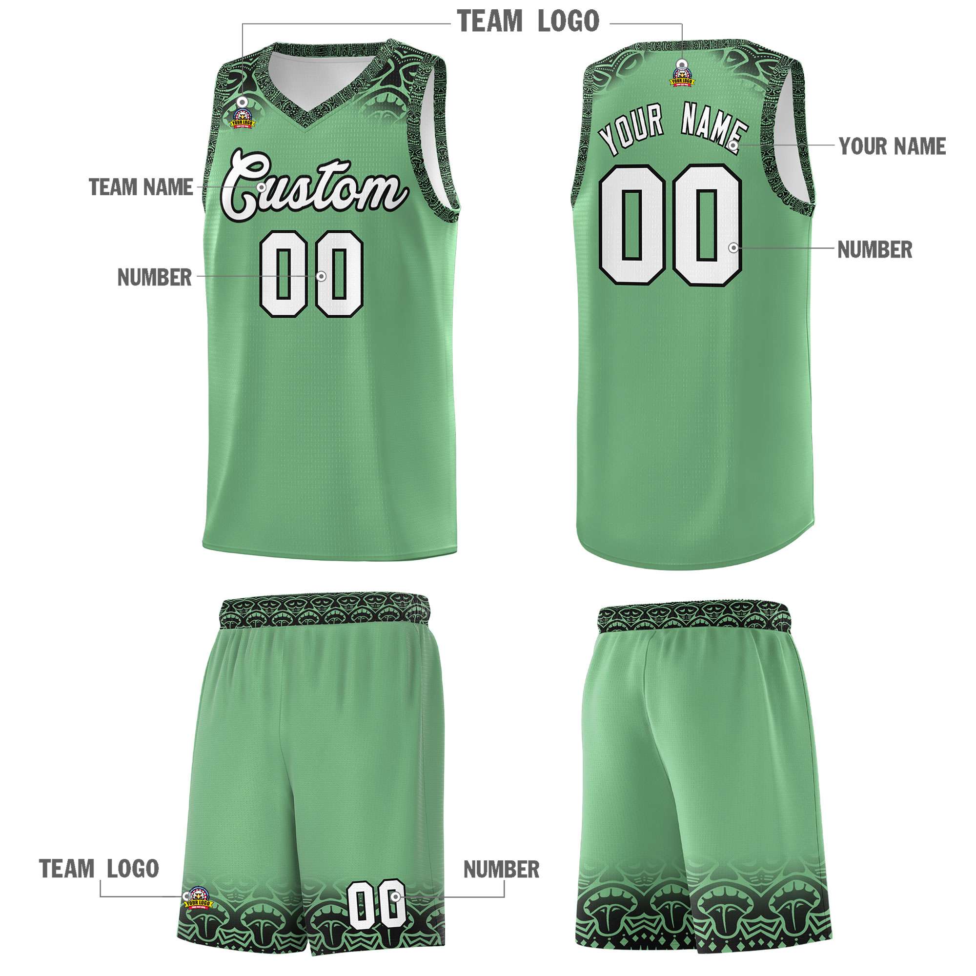 Custom Green Black Personalized Indians Print Sets Sports Uniform Basketball Jersey