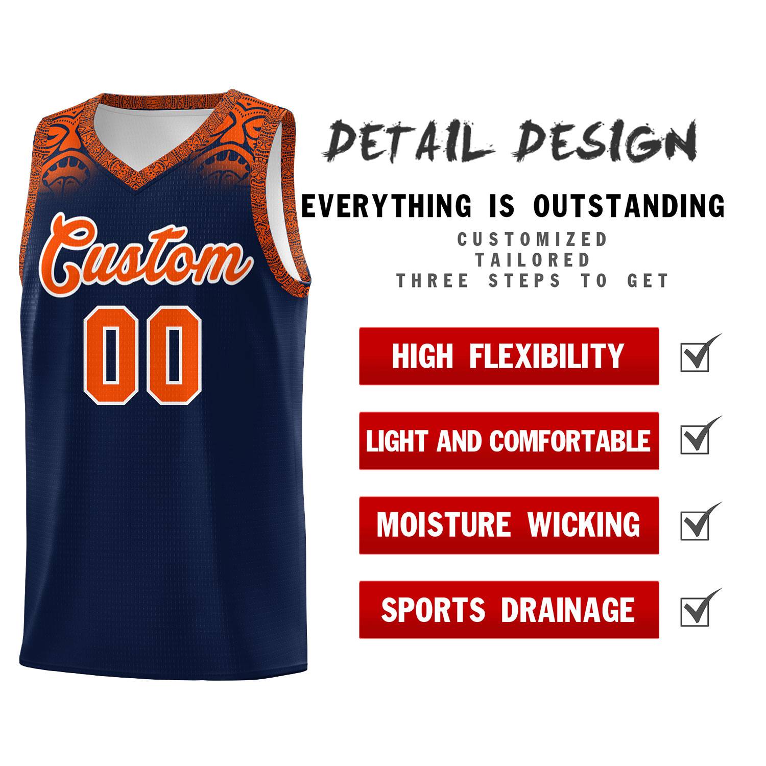 Custom Navy Orange Personalized Indians Print Sets Sports Uniform Basketball Jersey