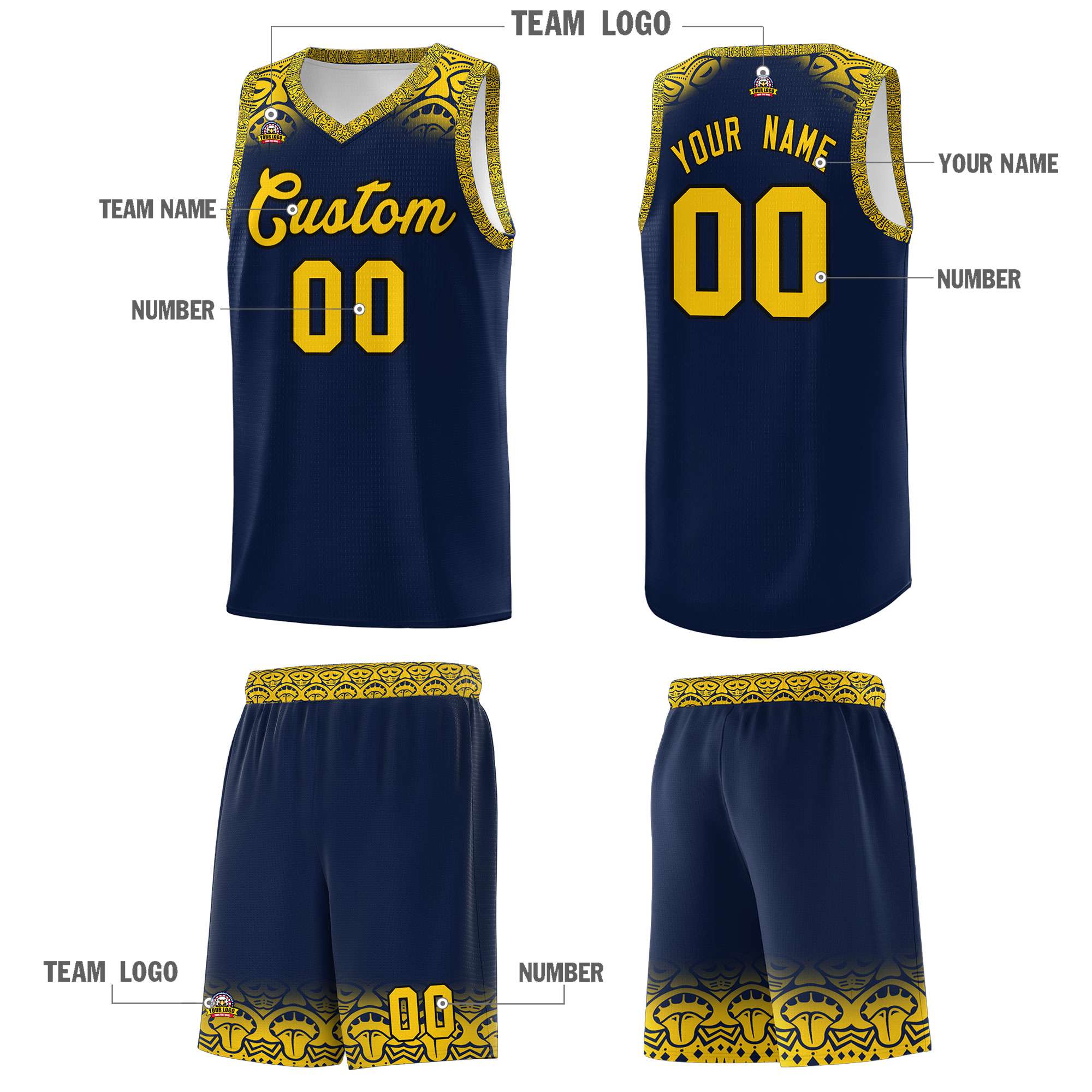 Custom Navy Gold Personalized Indians Print Sets Sports Uniform Basketball Jersey