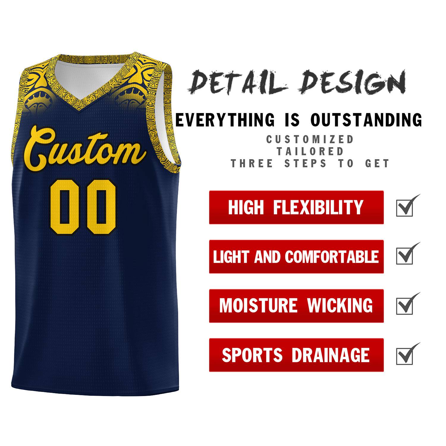 Custom Navy Gold Personalized Indians Print Sets Sports Uniform Basketball Jersey