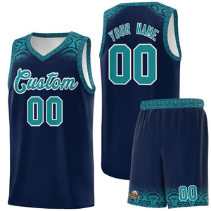 Custom Navy Aqua Personalized Indians Print Sets Sports Uniform Basketball Jersey